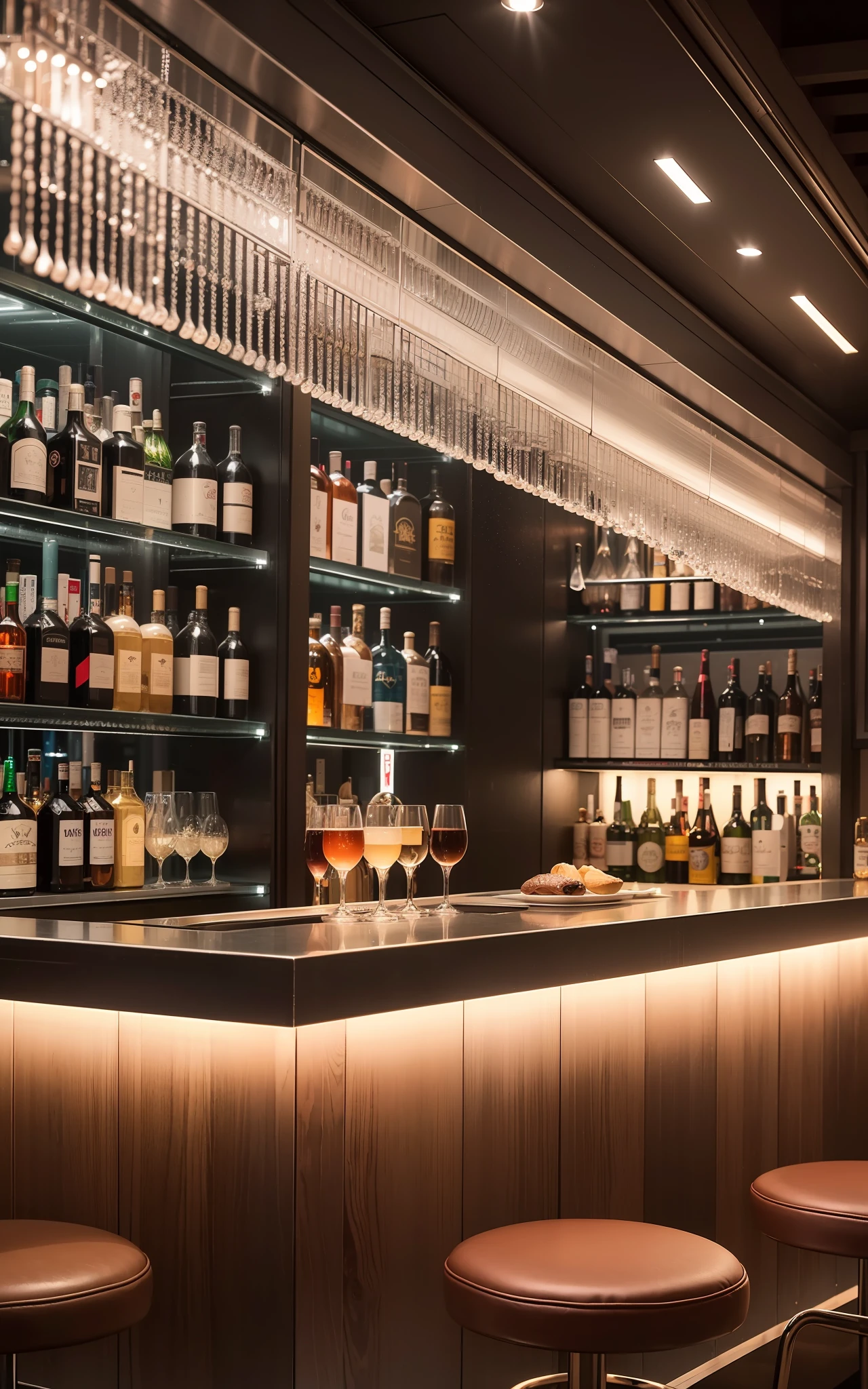 master masterpiece、best-quality、Highly elaborate CG Unity 8K wallpapers、hyper high resolution、((night、Club bar counter、indoor))、People who enjoy alcohol々、((Composition seen from a distance:1.2))、dimly lit、There is indirect lighting