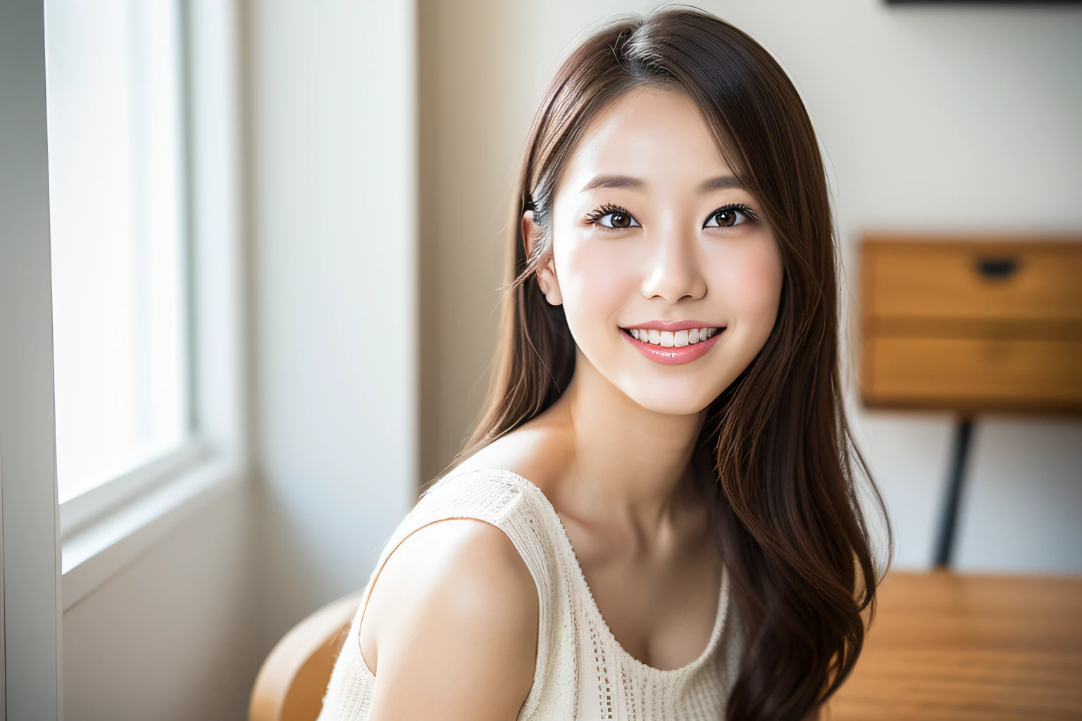 (((realistic photography))), masterpiece, (RAW Photo, cg unity, photography, ultra realistic details, sharp focus, detailed skin,4k, high-res, best quality, realistic, vibrant:1.2),(8k,4k, UHD, high resolution, professional, cinematic, movie, dramatic),(environment details:1.3),(anamorphic depth of field blur background), a beautiful Japanese woman, a business woman, 25-year-old, sitting, (Cheeks are on the desk),  (relaxed, smile, happy:1.3), in a bright white room with the sun shining, white walls, no objects in the room, (wide shot:1.2)