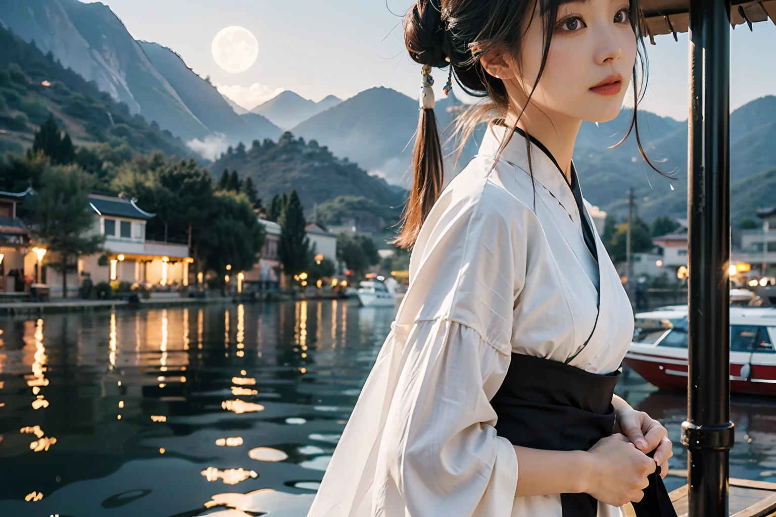 Big vision,There is a woman in Hanfu on a boat in the water,The background is mountains,dreamy chinese town,Chinese landscape,Filmic,Highly detailed digital art,night,White fog,galaxy,moon,16k,best qality,bokeh,softlight,space,natural lighting