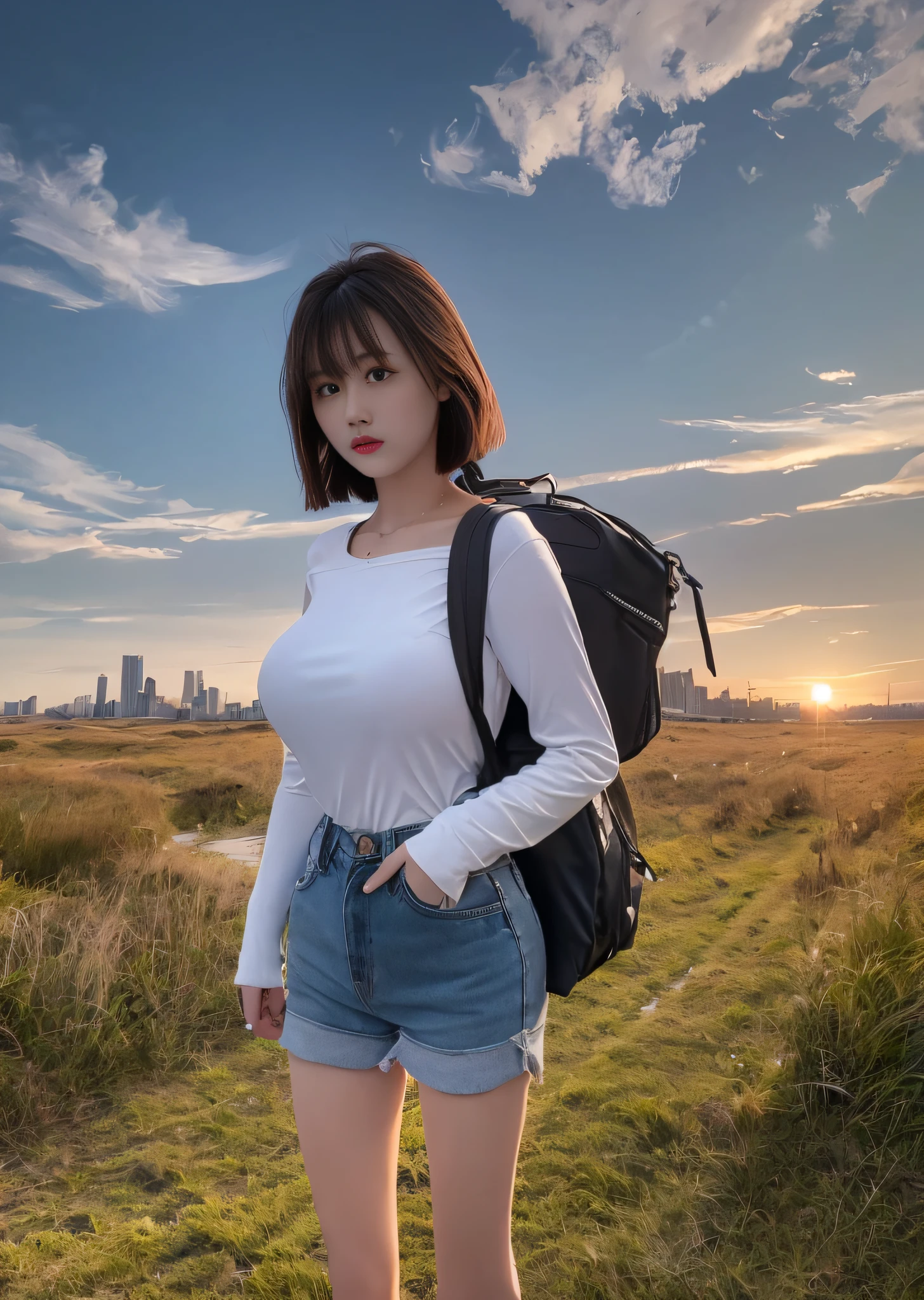 The vast sky, beautiful skyline, large grasslands, extremely tense and dramatic pictures, moving visual effects, high hanging Polaris, colorful natural glare. A girl in a long-sleeved top and denim shorts with a side backpack