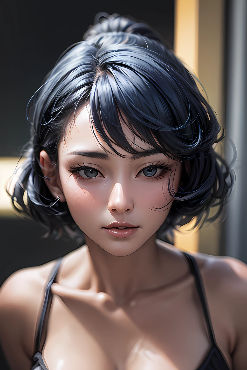 (Master peace、maximum quality、with high resolution、photo-realistic)、Silky skin、Lighting adapted to photography、Finely sculpted faces、the woman、Blue hair、bob cut、Strong perm、a ponytail、Fat body