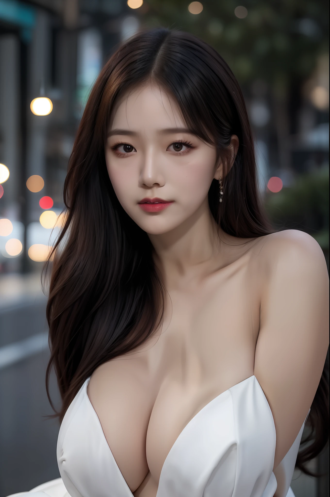 half-body photo of a korean girl, (Perfect beauty:1.37), ((platinum brown hair)), (huge:1.4)(((perfect natural breasts))), cleavage, ((dynamic pose)), sexy collarbone, oval face, double eyelids, smart peach blossom eyes, pink lips, small nose, bangs, (standing), earrings, ribbon choker, bare shoulders, chiffon(((Slit Evening Gown))), (Outdoor, Night, Bokeh:1.125), Park view, Super fine face, Fine eyes, Double eyelids, (Clear focus), (Realistic lighting, Best quality, 8K, Masterpiece: 1.43),