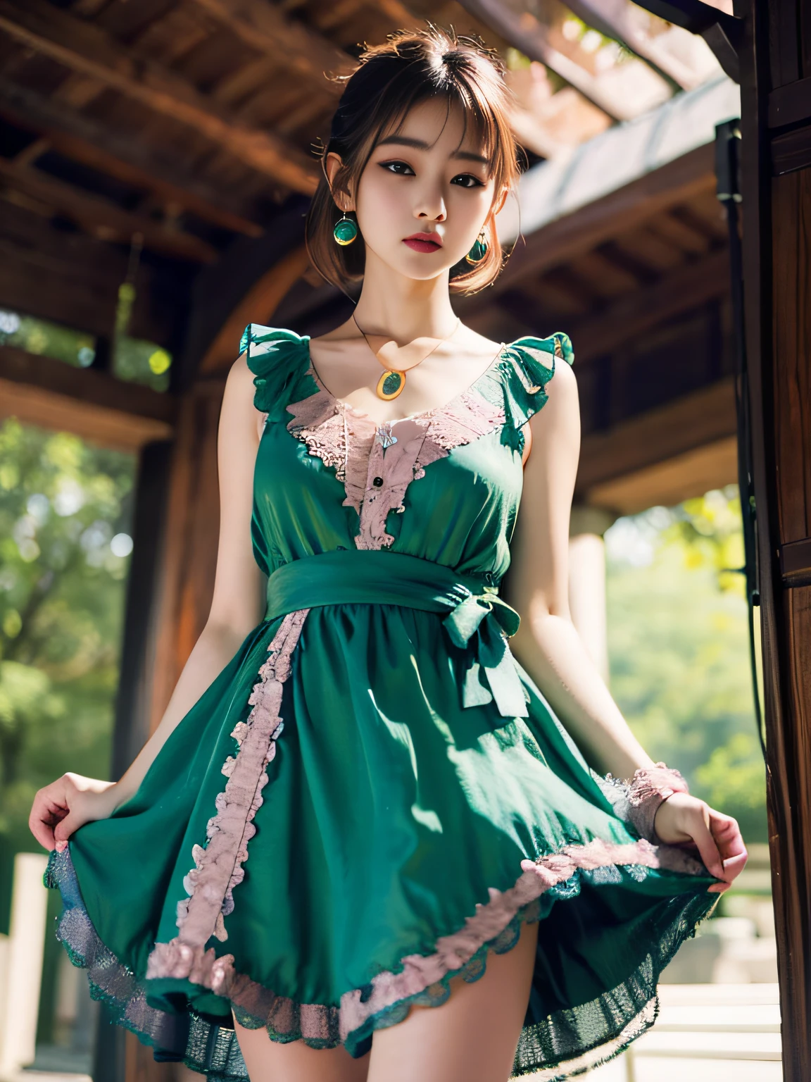 hkgirl, sun dress, short hair,  Random posture, (An extremely delicate and beautiful work), (masterpiece), 1girl, a girl in a pink dress, highly detailed, waist leaking, charming expression, beautiful and clear eyes, green eye pupil, delicate necklace, delicate earrings, fairy ears, simple blurred background, extreme detail description, beautiful, charming,  (ulzzang-6500-v1.1:0.5) , (pureerosface_v1:0.5)