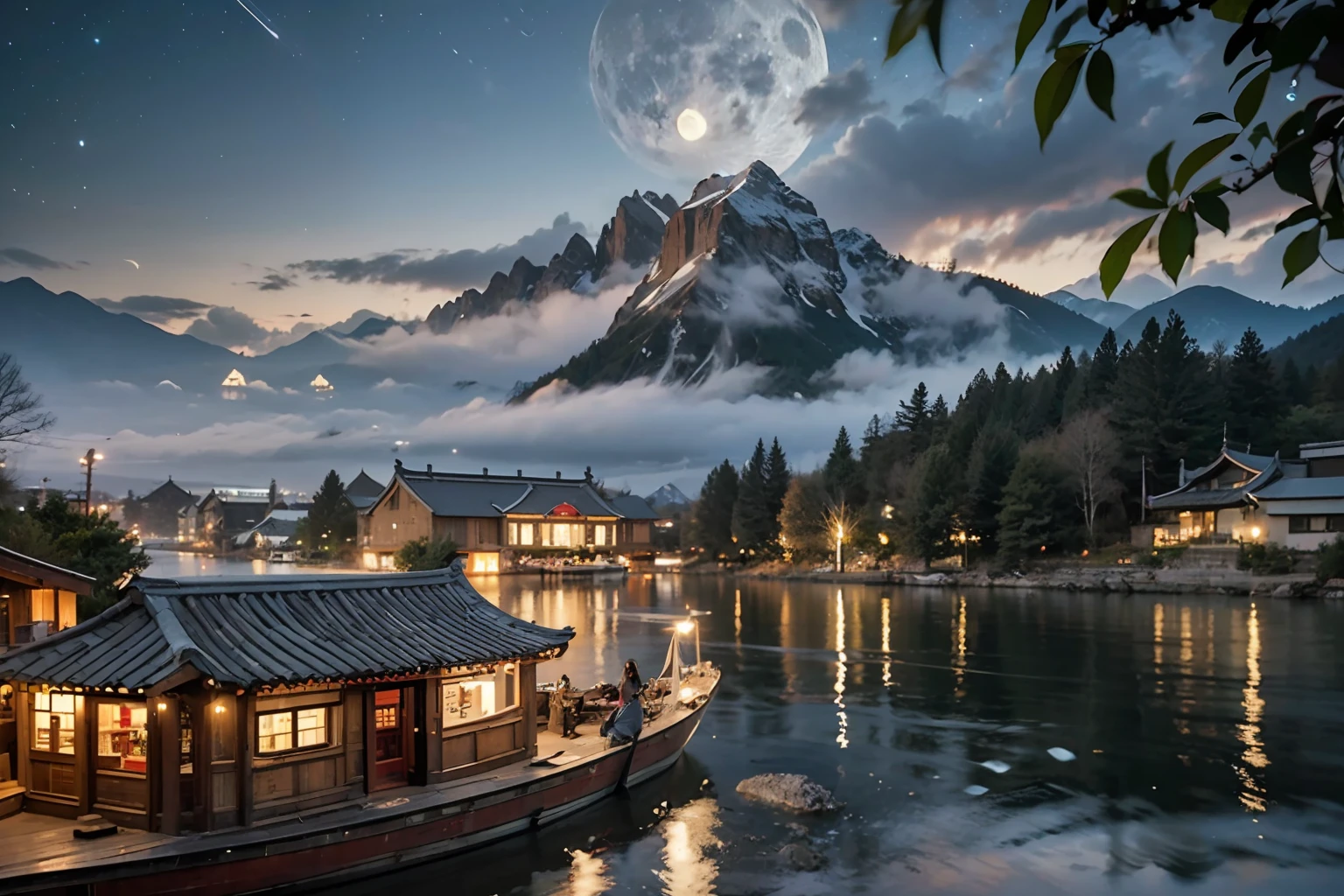 Big vision,There is a woman in Hanfu on a boat in the water,The background is mountains,dreamy chinese town,Chinese landscape,Filmic,Highly detailed digital art,night,White fog,galaxy,moon,16k,best qality,bokeh,softlight,space,natural lighting