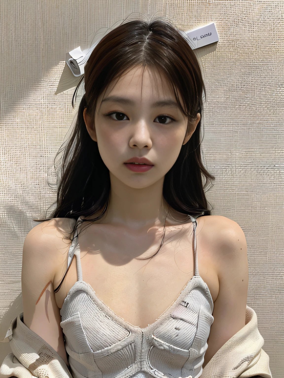 (1girle:1.3), solo,__body parts__, Kim Ji-ni Jennie face，Photographic lighting，Slip dress，Hollow，bandage，erogenous，Strong contrast，Sunlight on the face，World-weary face，Premium Sense，Indifferent eyes，Soft，Background cement ash， 8K resolution image，Intricate Symmetry Details。