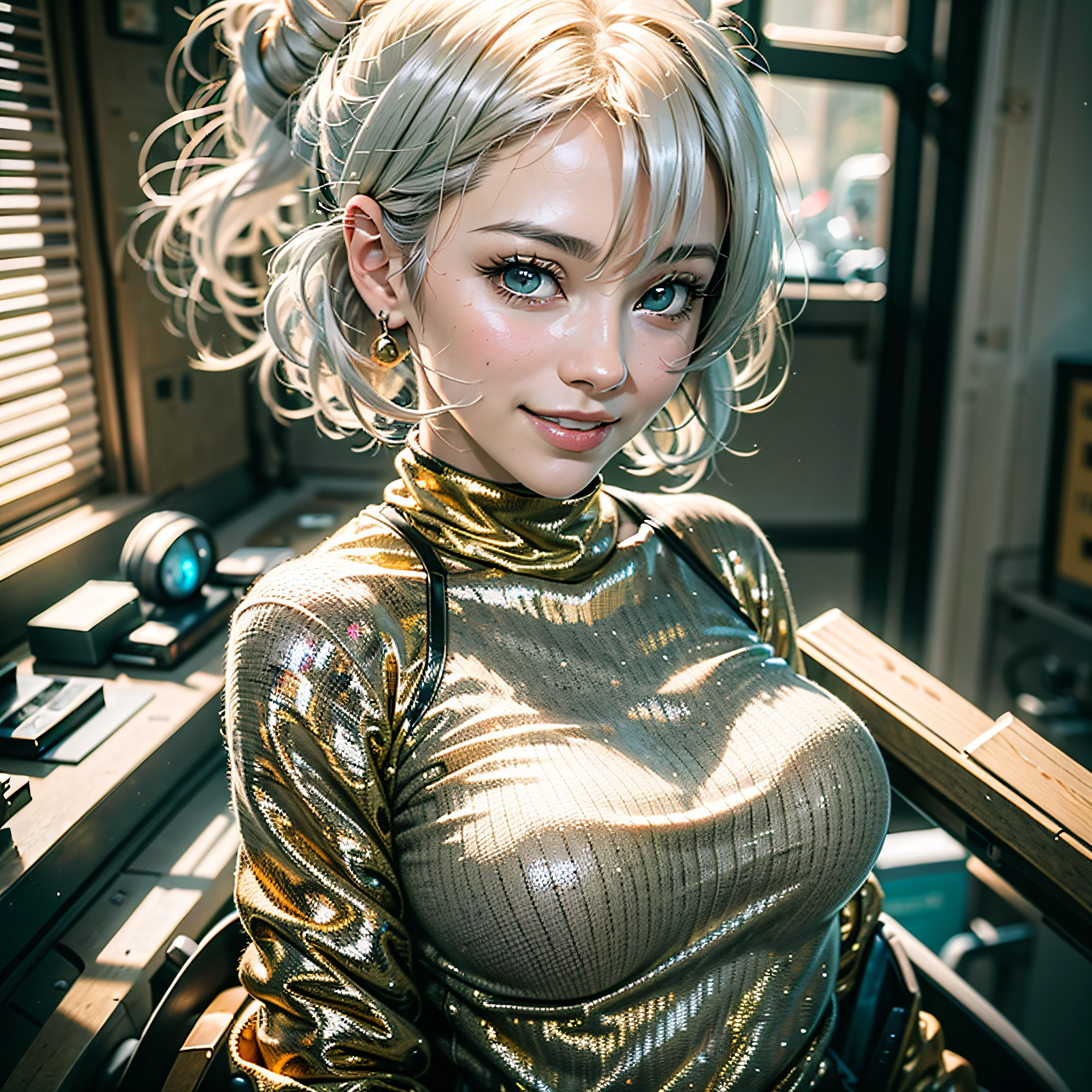 all body、white-haired、(Dragoon: 1.2)、Brantovan、A Masterpiece、maximum quality、Official Art、Highly elaborate CG Unity 8K wallpapers、For girls、hyper high resolution、(photo-realistic:1.4)、Golden Hour Lighting、Sweater Dresses、(upper half body)、(Platinum Shorthair:0.8)、(Puffy eyes)、looking a viewer、Front-facing、a smiling look、medium tits、Gentle smile、shirt lift、gloves
