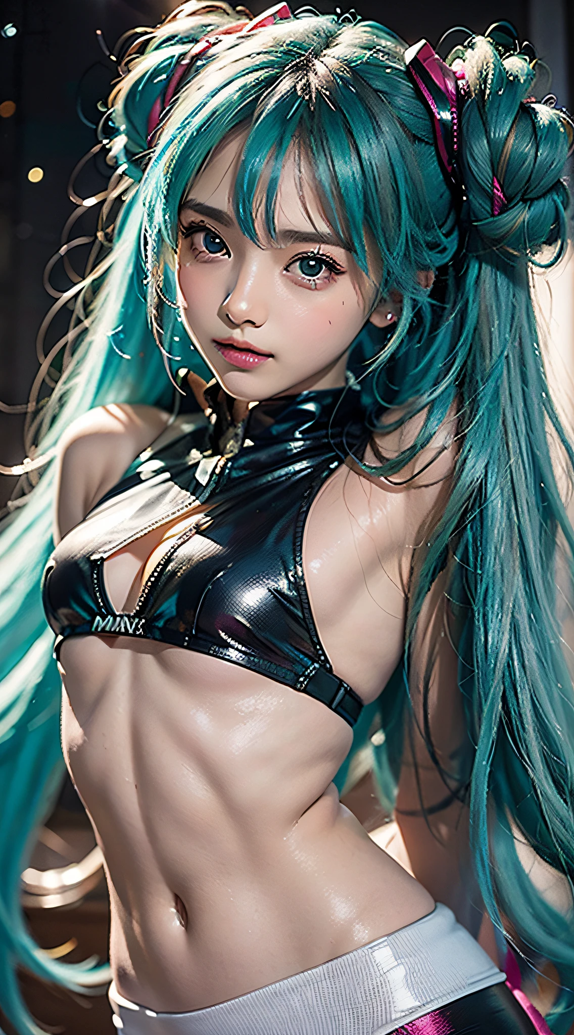 (((obra maestra))), Super detailed, (Hatsune Miku), (flirtatious expression), Camisa kawaii, leggings ajustados, ((cara super linda y tierna)), ((cara angelical)), ((Incredibly beautiful eyes)), (ojos verdes luminosos), ((cuerpo completo)), (cabello luminoso), Super sexy hair, ((cabello azul multicolor)), (Delicate and perfect tricks), (Perfect anatomy), (Super delicate and sexy body), Small body, Dynamic pose, (Super Fine Face), Delicate features, ultra detalladas, mejor calidad, ((ulzzang)), Cinematic lighting, belleza cautivadora, mirada sexy, bonito fondo de estrellas