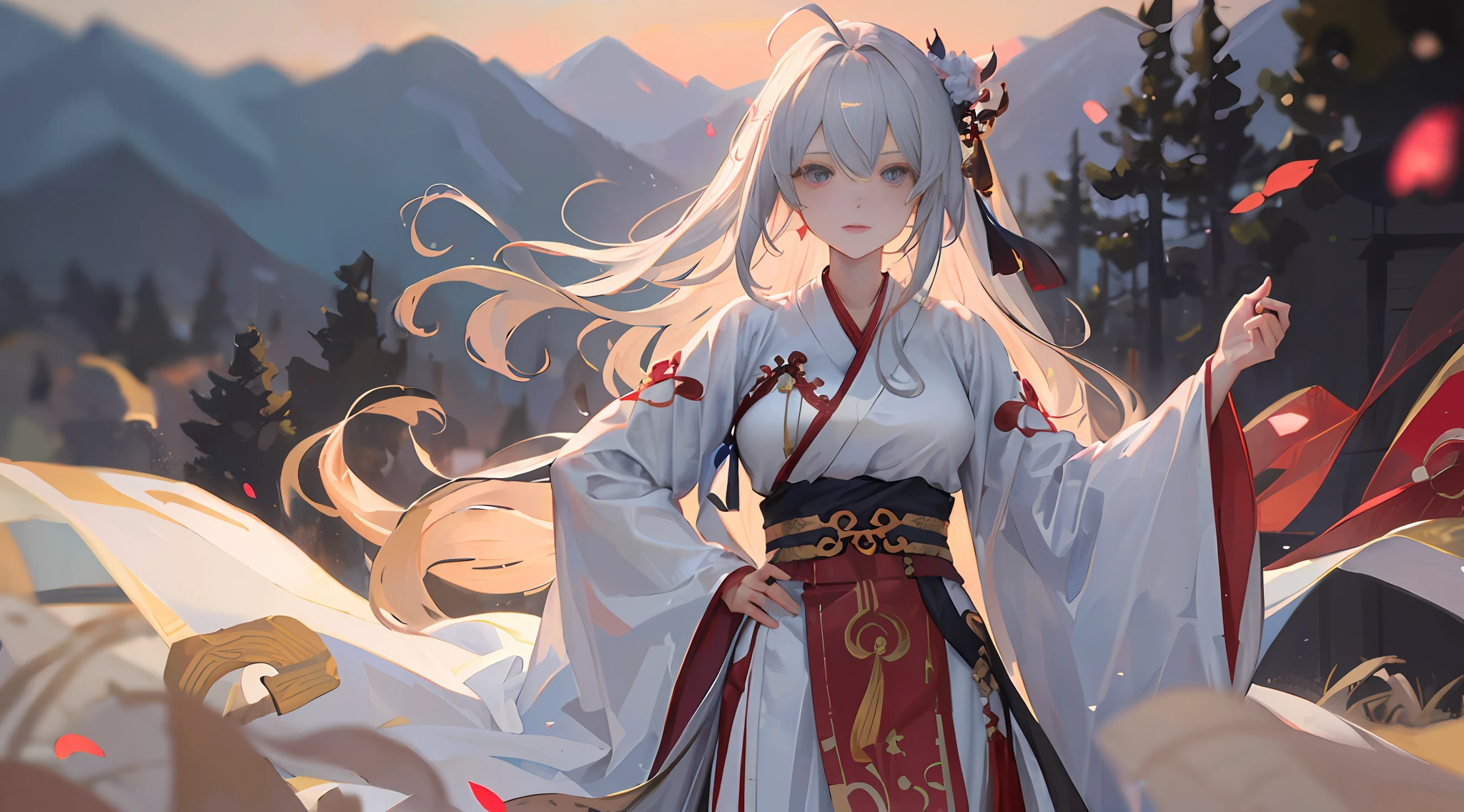 (masterpiece:1.5),(best quality:1.5),(ultra-detailed:1.5),illustration,cowboy shot,1girl,solo,(buildings),perfect face,lustrous skin,long hair,beautiful detailed eyes,beautiful flowing hair,(ru_qun:1.5),(hanfu:1.5),chinese clothes, white dress,white thighhighs, (bloom),lighting, ray tracing,outdoors,  mountains, nature,hair ornament, hair ribbon,hand on hip,looking at viewer,ahoge,large breasts, (deep depth of field:1.5),hair ornament, forest,barefoot sandals