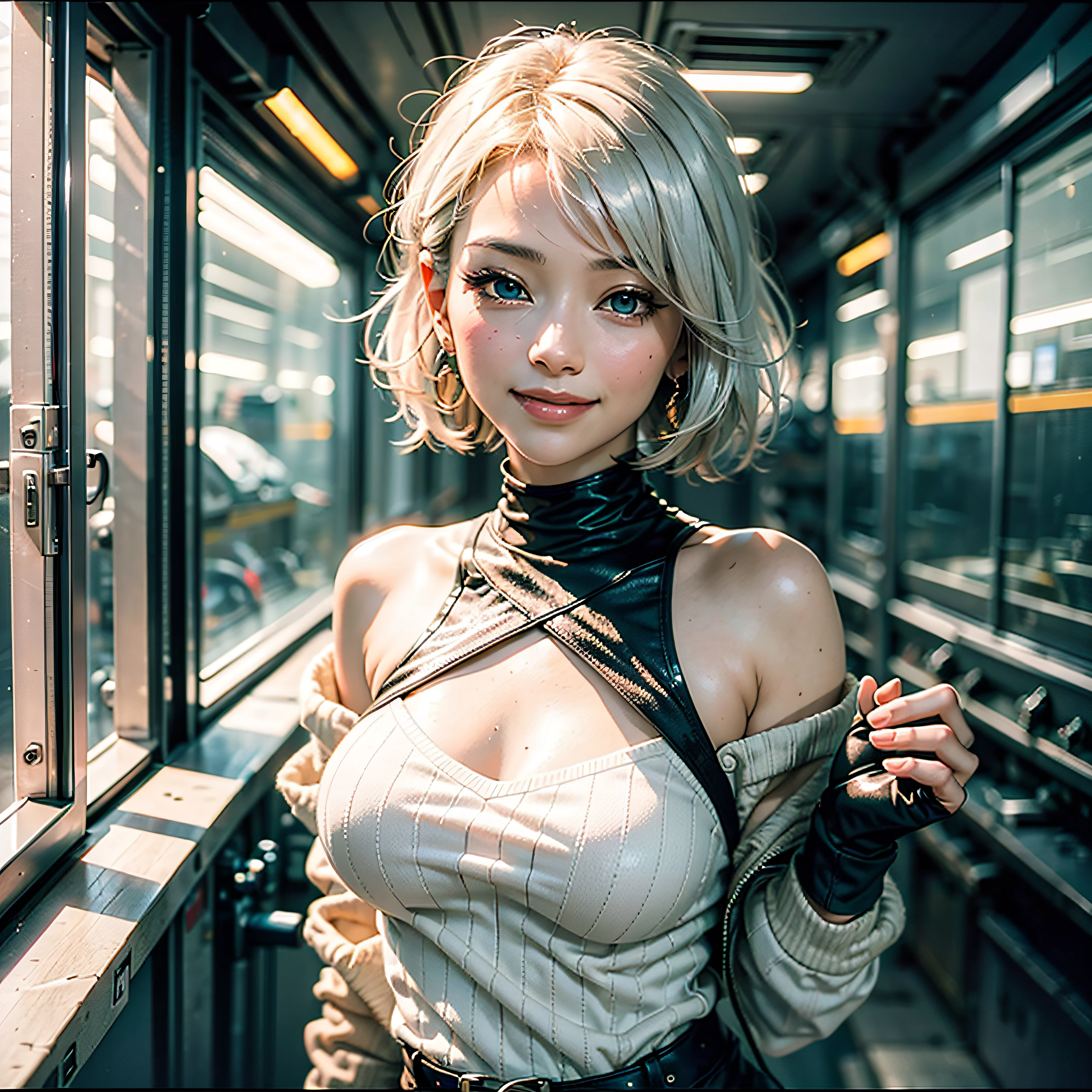 all body、white-haired、(Dragoon: 1.2)、Brantovan、A Masterpiece、maximum quality、Official Art、Highly elaborate CG Unity 8K wallpapers、For girls、hyper high resolution、(photo-realistic:1.4)、Golden Hour Lighting、Sweater Dresses、(upper half body)、(Platinum Shorthair:0.8)、(Puffy eyes)、looking a viewer、Front-facing、a smiling look、medium tits、Gentle smile、shirt lift、gloves