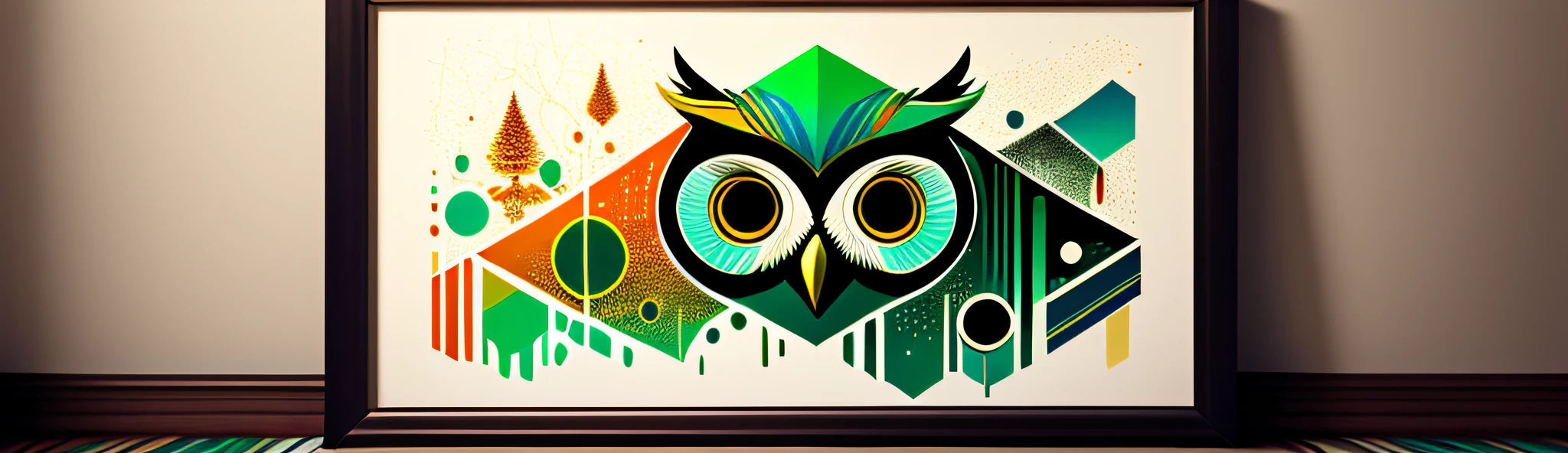 Featuring an exquisitely designed minimalist owl art with vivid colors, intricate patterns, and dark green and white details. The painting is leaning against the back of the room, creating a dynamic and casual display. The combination of the psychedelic art of the owl adds a touch of artistic fascination to any space.