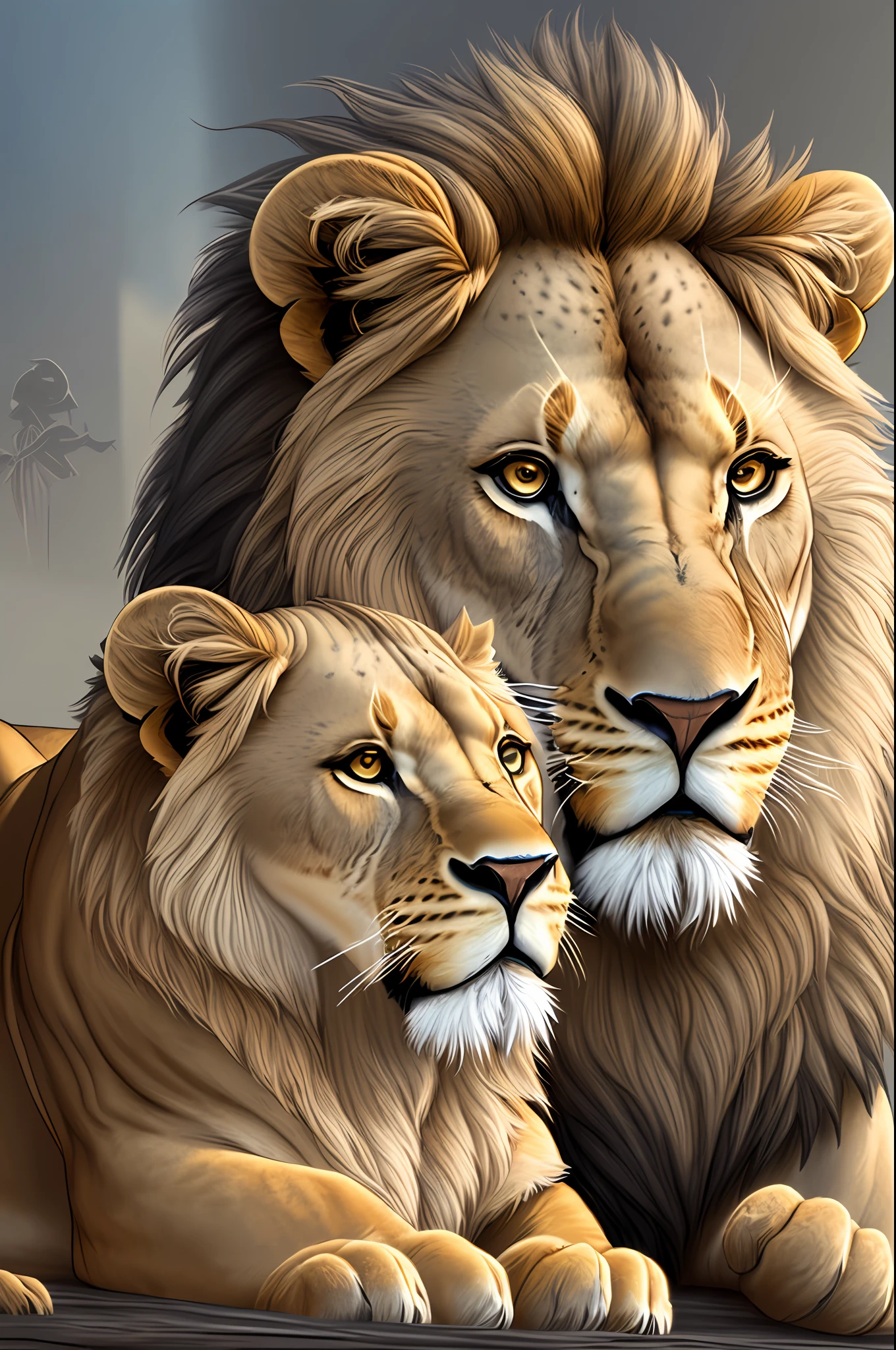 (( ( concept art ))) , 
a lion, a lioness and a lion cub, --auto --s2