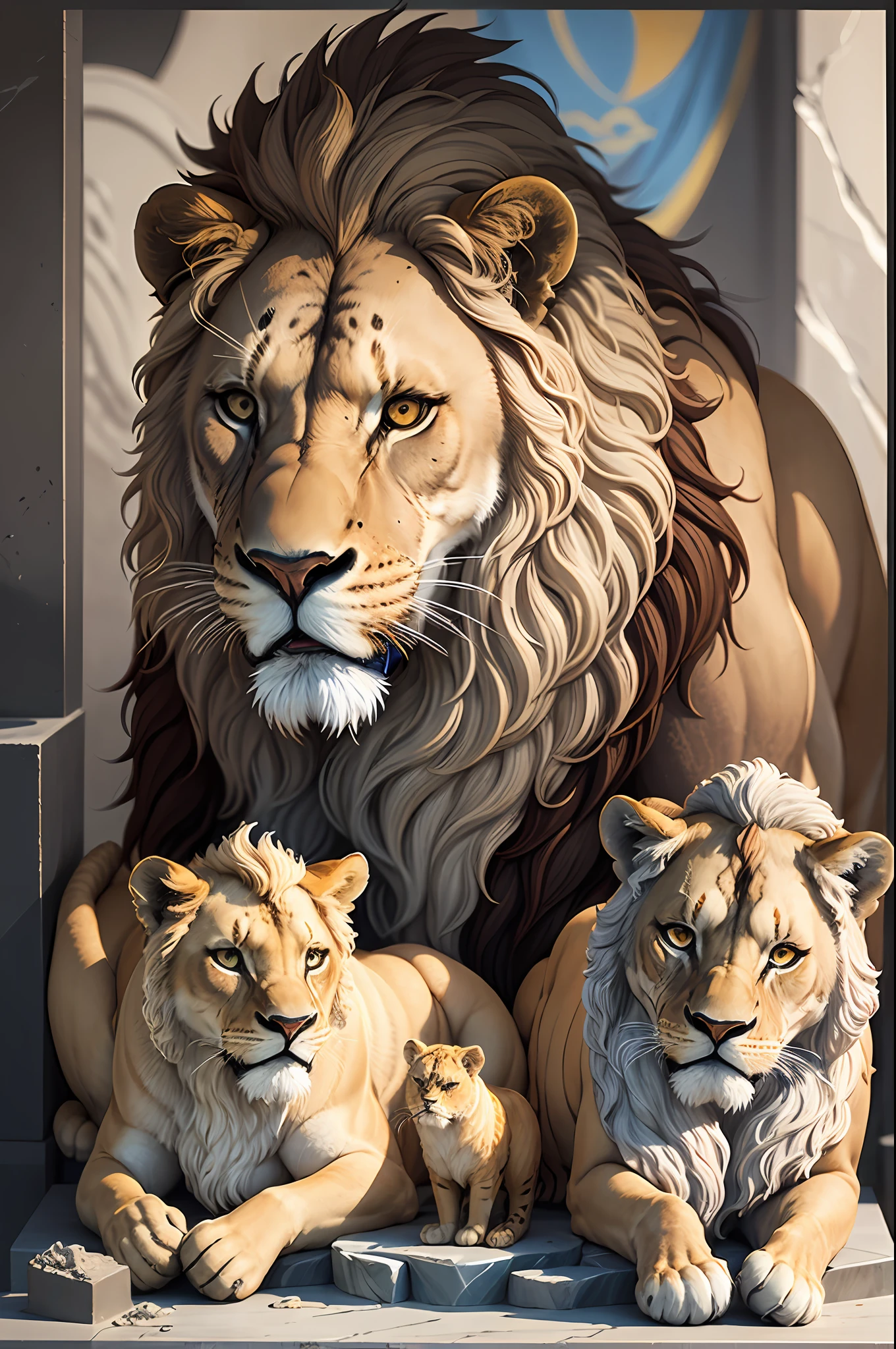 (( ( marble sculpture ))) , 
a lion, a lioness and a lion cub, --auto --s2
