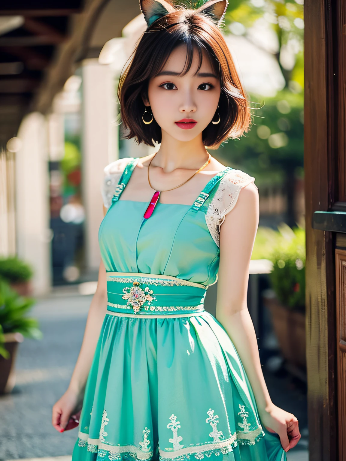 hkgirl, sun dress, short hair,  Random posture, (An extremely delicate and beautiful work), (masterpiece), 1girl, a girl in a pink dress, highly detailed, waist leaking, charming expression, beautiful and clear eyes, green eye pupil, delicate necklace, delicate earrings, fairy ears, simple blurred background, extreme detail description, beautiful, charming,  (ulzzang-6500-v1.1:0.5) , (pureerosface_v1:0.5)