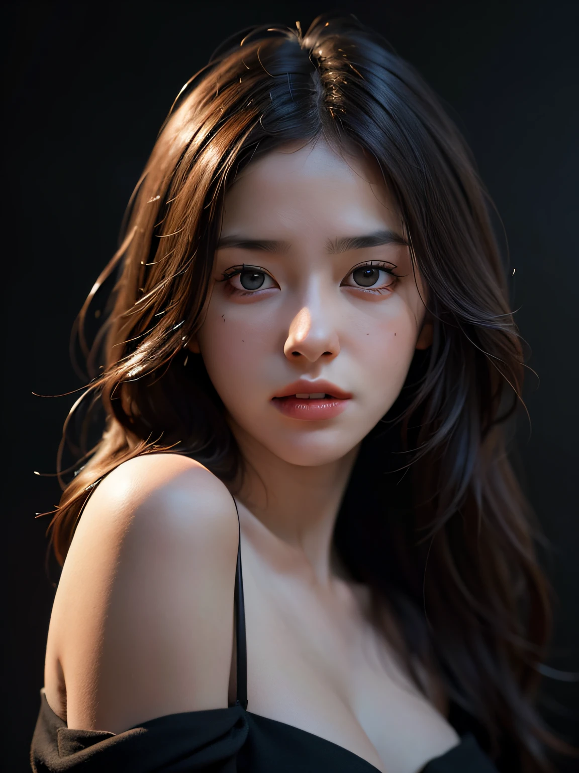 Best quality, masterpiece, ultra high res, (photorealistic:1.4), raw photo, 1girl, offshoulder, in the dark, deep shadow, low key, cold light，smali