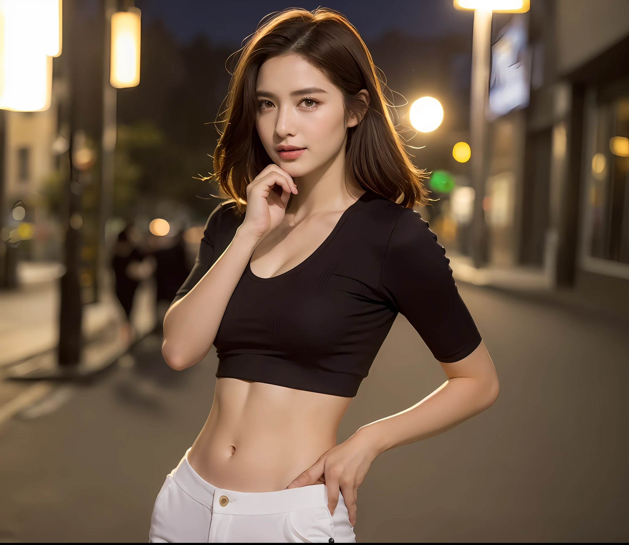 ((Realistic lighting, Best quality, 8K, Masterpiece: 1.3)), Clear focus: 1.2, 1girl, Perfect Figure: 1.4, Slim Abs: 1.1, ((Dark brown hair)), (White crop top: 1.4), (Outdoor, Night: 1.1), City streets, Super fine face, Fine eyes, Double eyelids,