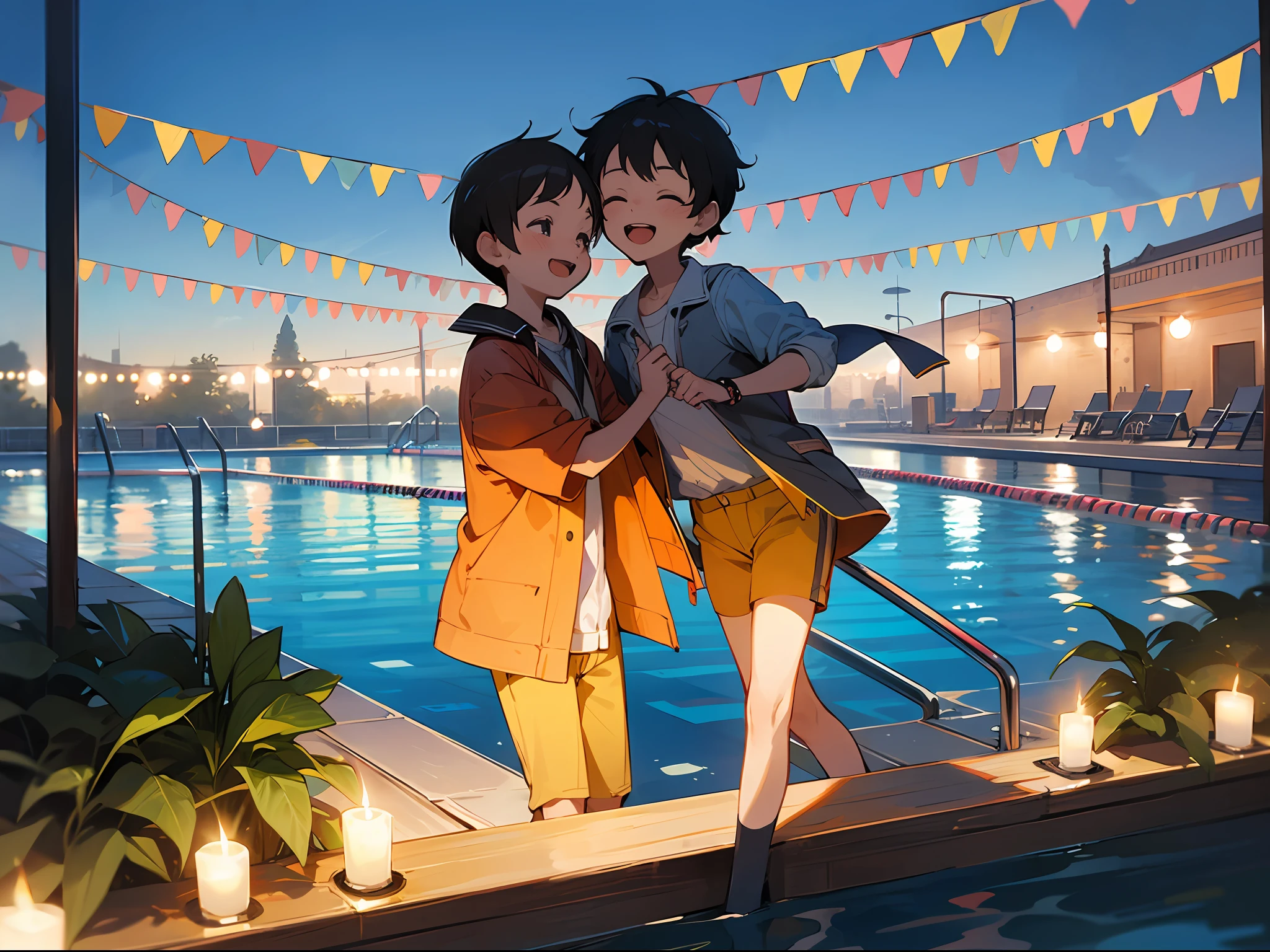 pool, party, little boys, panoramic photo, masterpiece, happy,