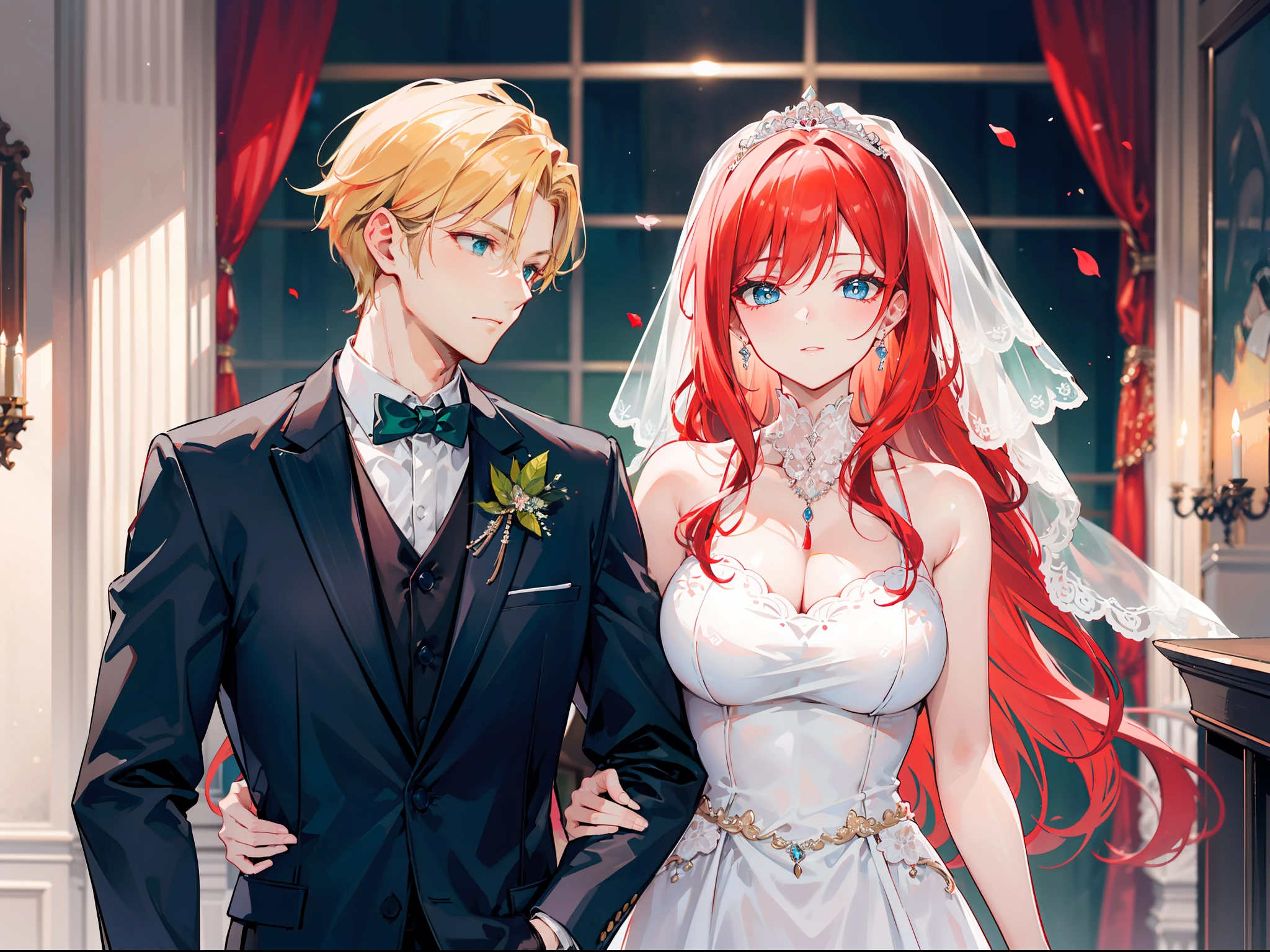 "Generate a mature couple, they're wear wedding clothes showcasing romance with gorgeous lighting. The woman has flowing red hair and captivating blue eyes, while the man has charming blonde hair and enchanting green eyes."