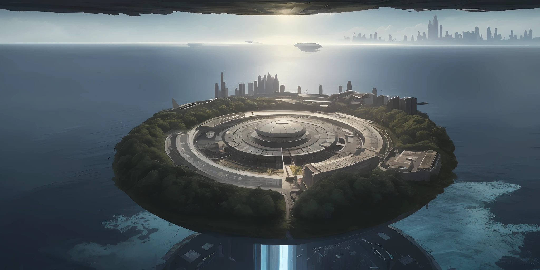 Circular islands of technological buildings on the ocean,Cyberpunk,utopian,Big scene,Hyper-realistic,super-detailed,8K,Drawn in the style of Greg Rutkowski,defense,sciencefiction,forests,aperture,relic,statue