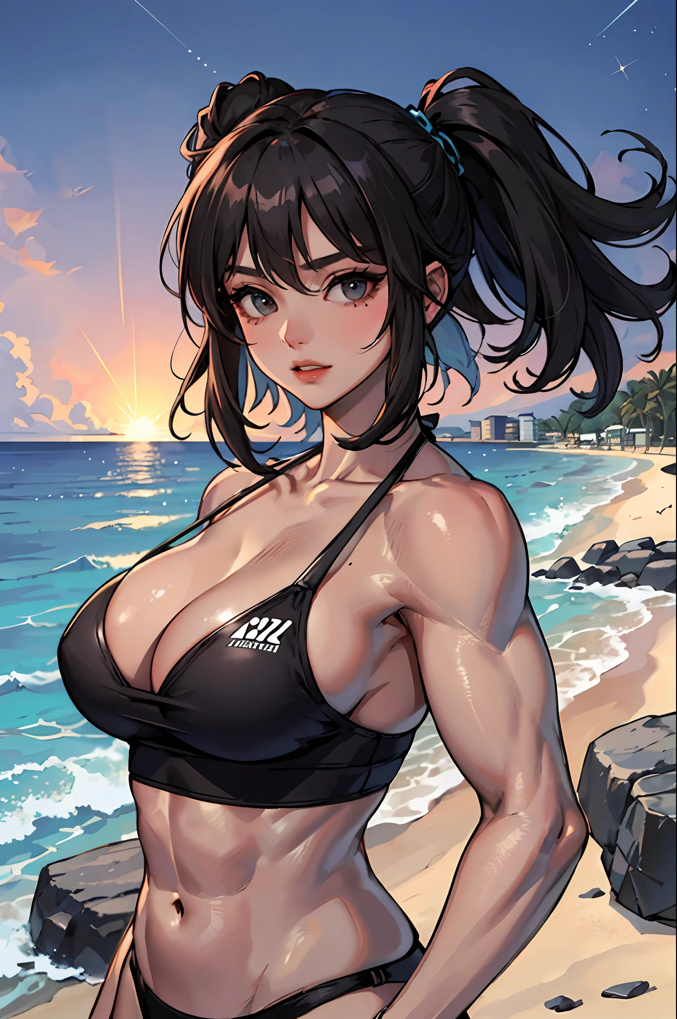 (A Masterpiece:1.2、maximum quality), (1 Lady、solo、upper half body:1.2), Hair:Black shorthair, clothing:Black Micro Bikini、Black T-shirt、Training on the beach at dusk、Muscle training、Tanned skin、a muscular、Meteor swarm、Bodybuilding Poses