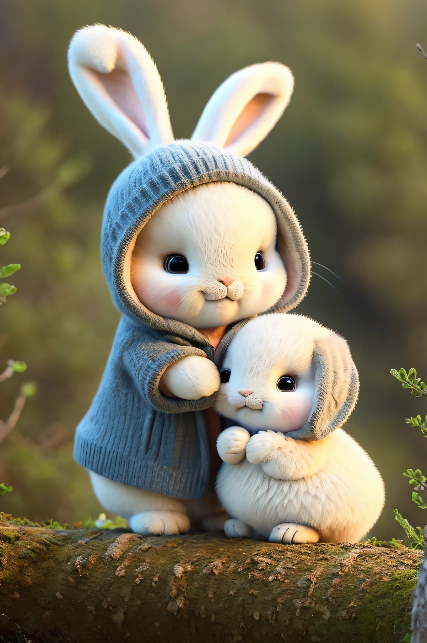 A fluffy rabbit sits near the roots of a tree on the side of a mountain