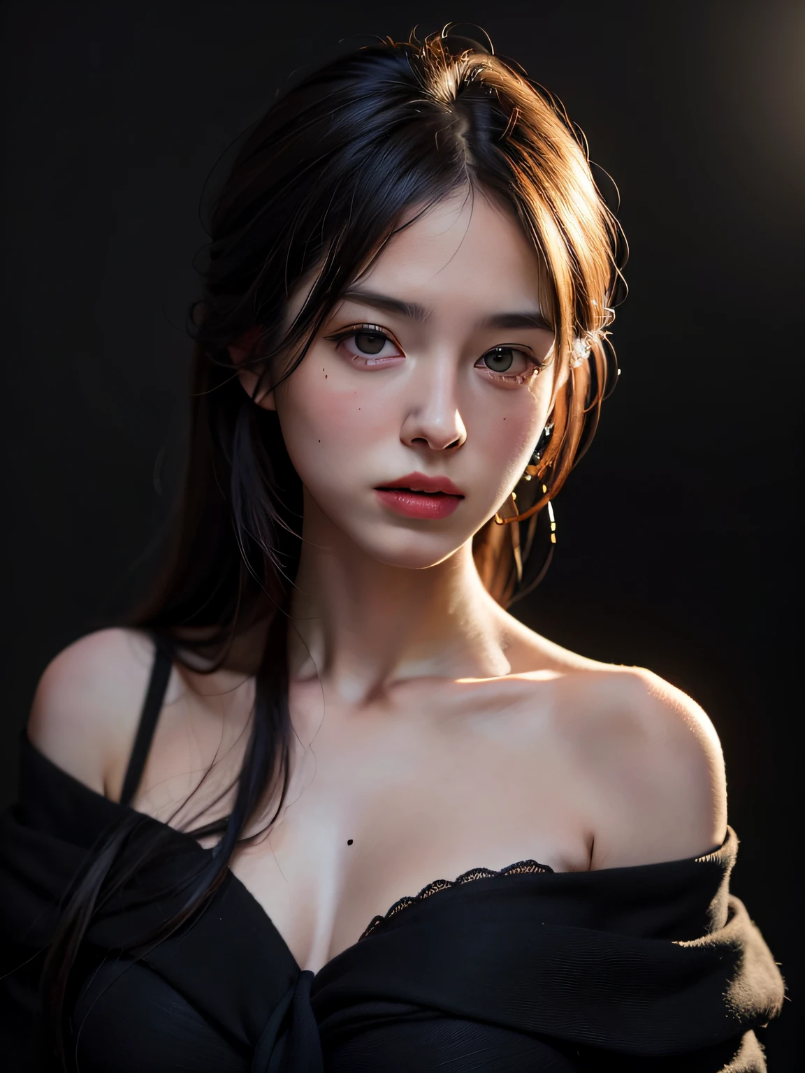 Best quality, masterpiece, ultra high res, (photorealistic:1.4), raw photo, 1girl, offshoulder, in the dark, deep shadow, low key, cold light，smali