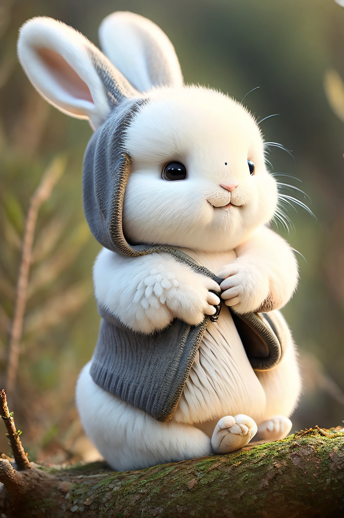 A fluffy rabbit sits near the roots of a tree on the side of a mountain