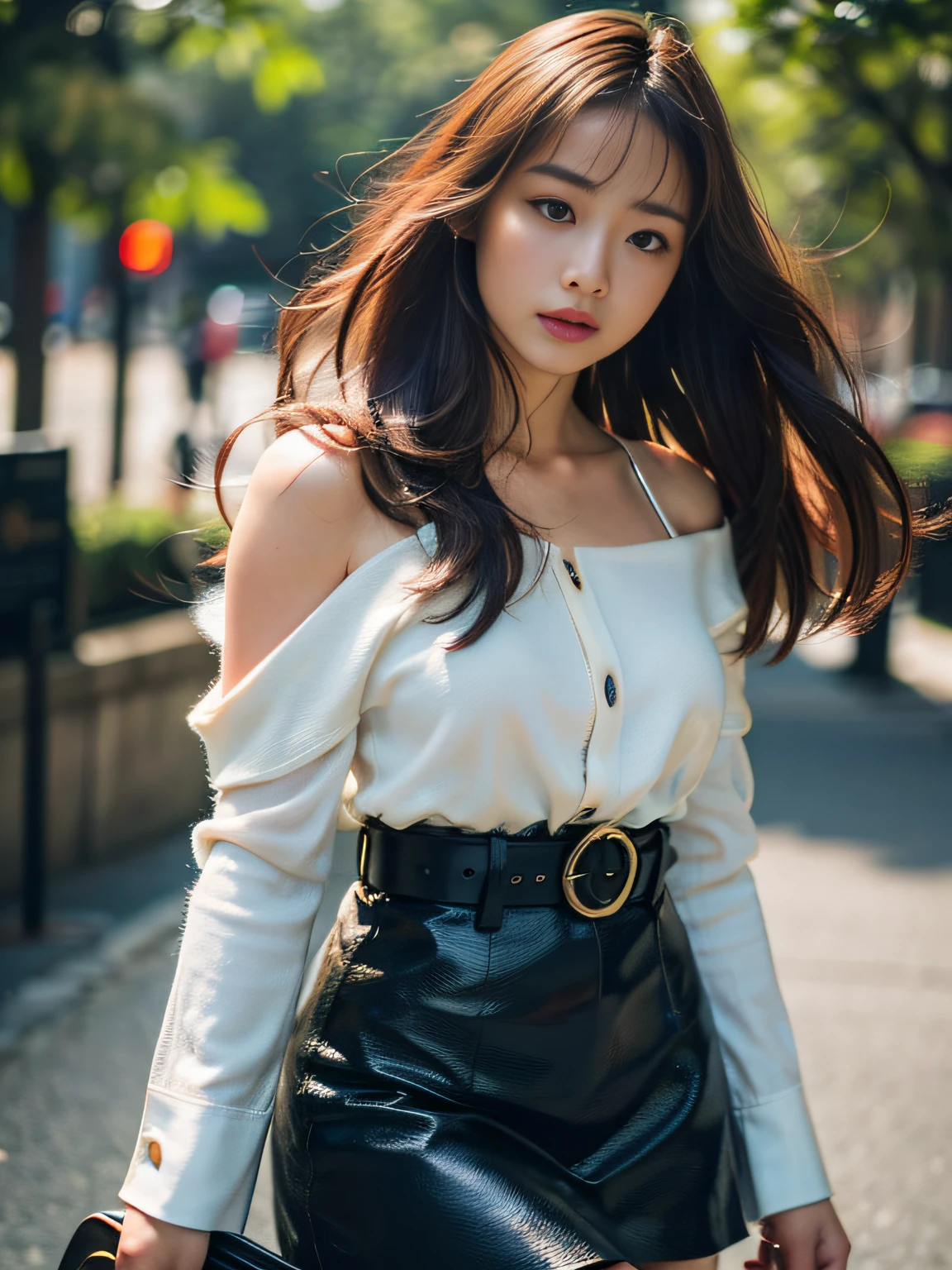 16k, RAW photo, top quality, masterpiece: 1.2, realistic, photorealistic: 1.37, one girl, cute, green park, background blur, natural light, photon mapping, radiosity, physically based rendering, gradient brunette hair, short curly, handsome, girly, white ball set, excellent image quality, high resolution, 1080p, clear face, Detailed facial description, detailed hand description, exquisite CG, extreme light and shadow, disheveled hair, rich details, exquisite facial features, best image quality, eye for details, looking forward to your eyes, delicate collarbone, shiny skin, shiny leather shirt, leather belt, shiny leather mini skirt, full body image,