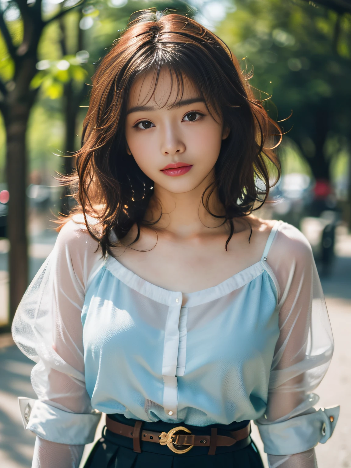 16k, RAW photo, top quality, masterpiece: 1.2, realistic, photorealistic: 1.37, one girl, cute, green park, background blur, natural light, photon mapping, radiosity, physically based rendering, gradient brunette hair, short curly, handsome, girly, white ball set, excellent image quality, high resolution, 1080p, clear face, Detailed facial description, detailed hand description, exquisite CG, extreme light and shadow, disheveled hair, rich details, exquisite facial features, best image quality, eye for details, looking forward to your eyes, delicate collarbone, shiny skin, shiny leather shirt, leather belt, shiny leather mini skirt, full body image,