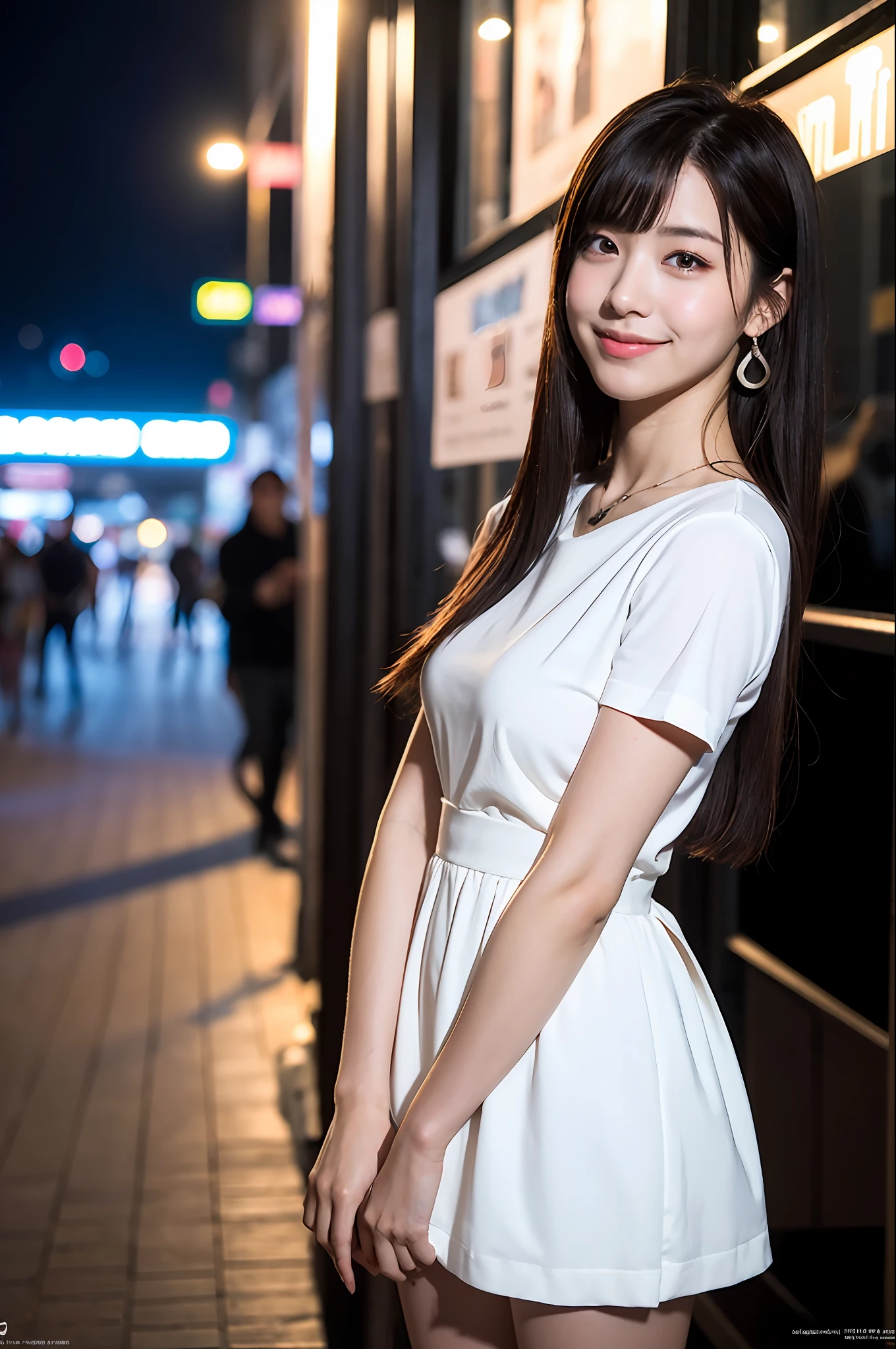 (8k, RAW photo, best quality, masterpiece:1.2), ultra detailed, ultra high res,
(realistic, photo realistic:1.37), high detail RAW color photo, professional photograph,
an extremely delicate and beautiful, extremely detailed, 8k wallpaper, Amazing, finely detail, huge file size, official art, extremely detailed CG unity 8k wallpaper,
extremely detailed beautiful girl, extremely detailed face, extremely detailed eyes, extremely detailed skin, extremely detailed fingers, extremely detailed nose, extremely detailed mouth, perfect ???????, highly detailed background, extremely detailed clothing,
1girl, (18 years old:1.2), teenage, cute girl, famous japanese idol, kawaii,
(small breasts:1.2), realistic body, petite,
fair skin, shiny skin, slender body, good figure,
black hair, long straight hair, (blunt bangs:1.2),
smile, cute, young, cute face, baby face, realistic face,
beautifully detailed eyes, drooping eyes, beautiful big eyes, large dark eyes, beautiful and clear eyes,
(white dress:1.2), short sleeves, skirt, necklace, earrings,
looking at viewer, cowboy shot, front view, standing posture, contrapposto,
outdoors, (night:1.2), neon city, neon light, neon sign, public, crowd,
dynamic lighting, front lighting,