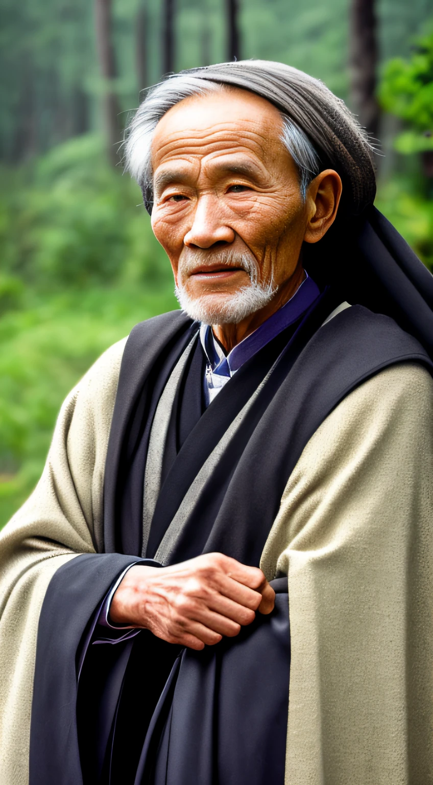 Portrait photography style, world masterpiece, super unique high professional digital art, film format, hyper-realism, color cinematography with ultra-fine details and quality, background is deep in the forest, an old man in rural China, an old man with wisdom. He wears an old cloak and his eyes are kind and shrewd. His body is upright, his skin has been blackened and powerful by the sun and rain, and the wrinkles are fixed on the corners of his mouth and forehead, which makes it seem that his years have precipitated. Although wearing a dark gown, although simple in appearance, it exudes sublime wisdom and a sense of tenacity of strength.