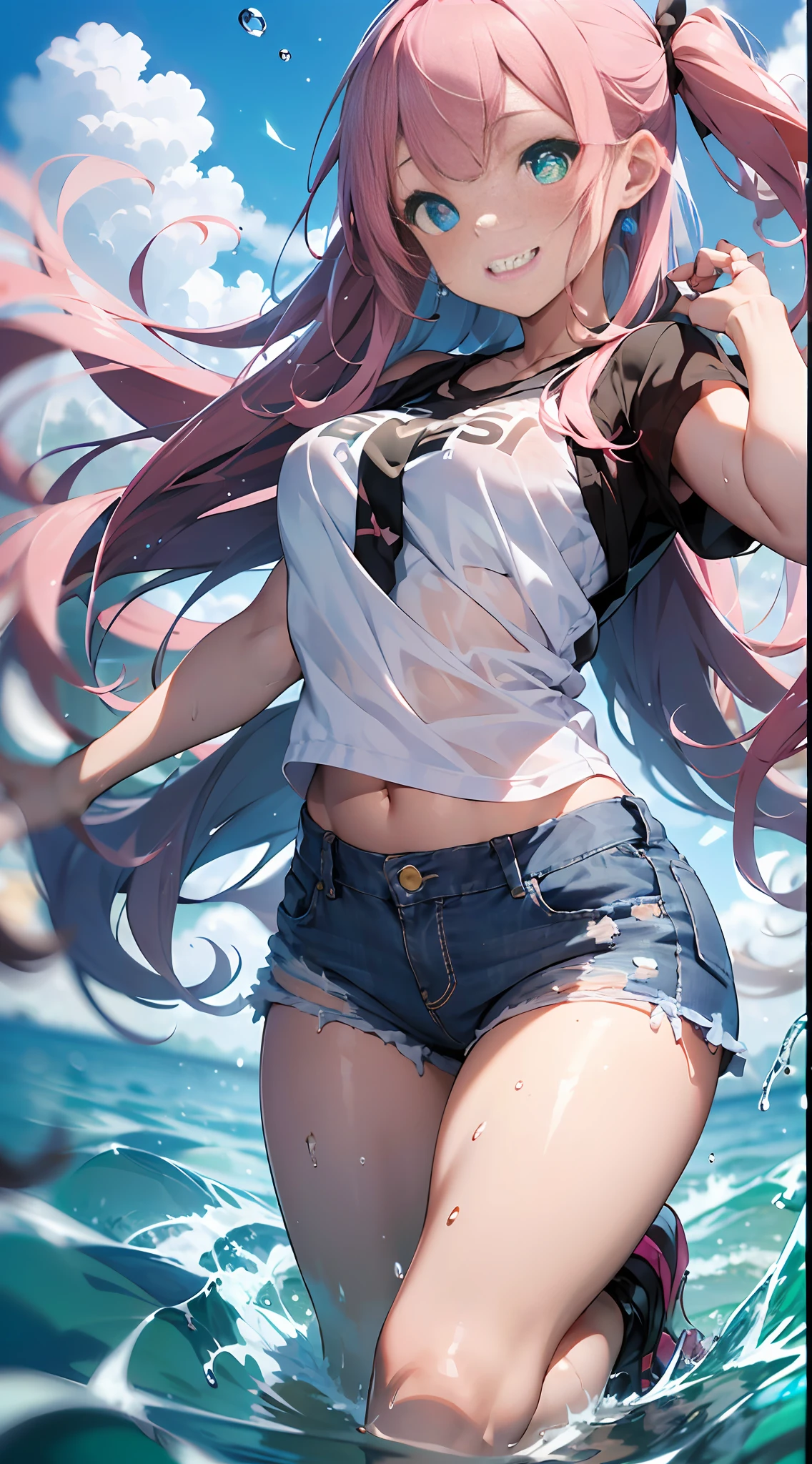 Dynamic angles,(Full body:0.9), joyful pose,Light Smile,blush,play in the water,one eye closed,:>,Long hair,Glowing eyes,Denim shorts, water reflection,(floating water drop),(blurry foreground),(blue sky),Lens Flare, (splashed water),Sunshine(splashed water),Sunshine(((masterpiece))),((ultra- detailed,Best Quality, with high resolution, 8k wallpaper, ))(1 girl)((Pink hair, Long hair,Straight hair,two side up)) (Green eyes),eyeshadow, Eyeliner,Glow Eyes, hyper detailed eyes, intricate eyes, Beautiful eyes, ((Glowing pink pupils))18-year-old girl.small breasts