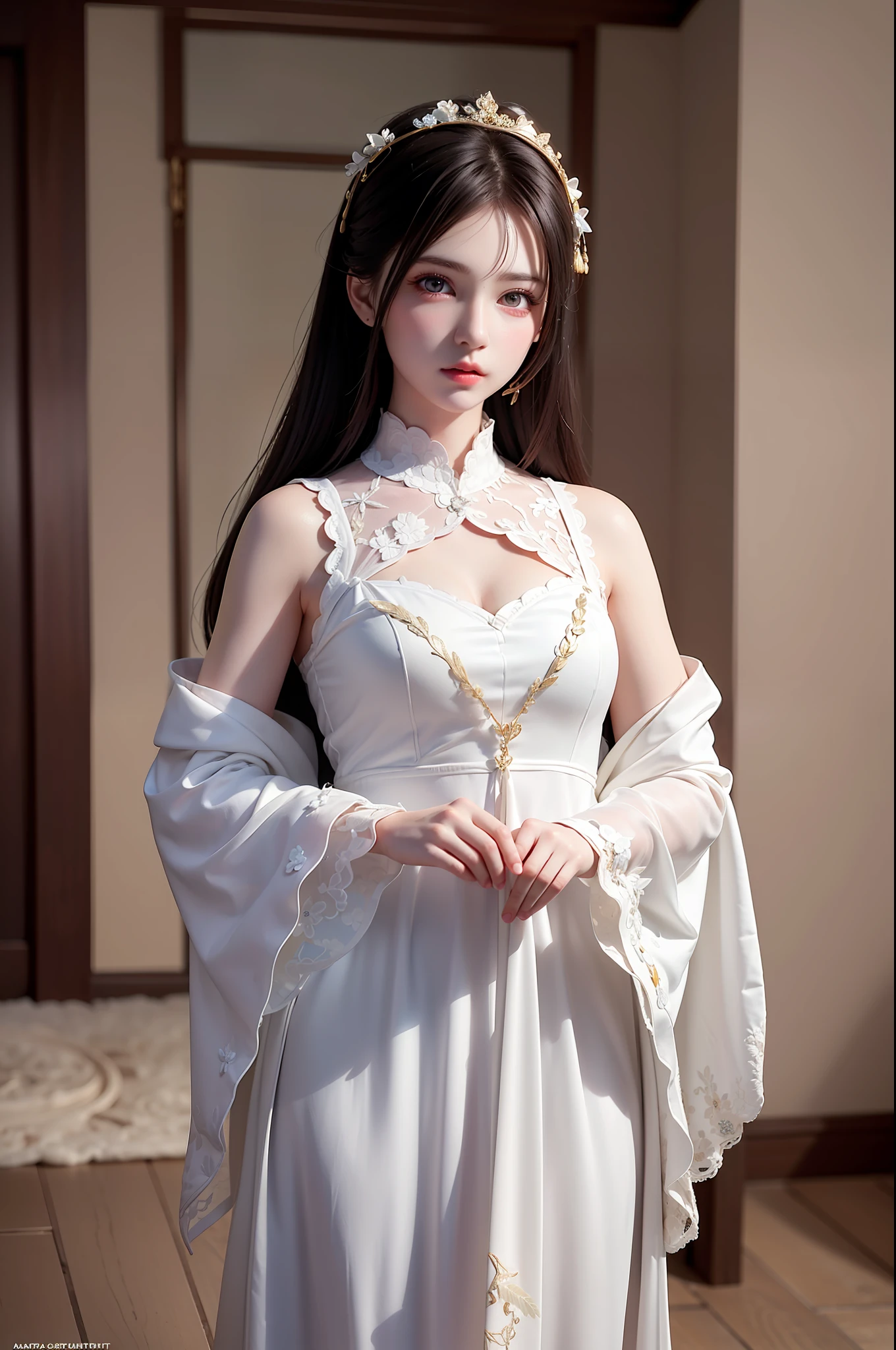 ((Masterpiece))), ((Best quality))), ((Ultra detail)), (an ultra realistic), (High Definition CG Illustration), cinematic light, Photorealistic,Very Beautiful 12 Year Old Lady,12 Year Old Daughter, Light makeup, Intricate Details EABA, White Intricate Lace Cloak, Dynamic pose, Spear