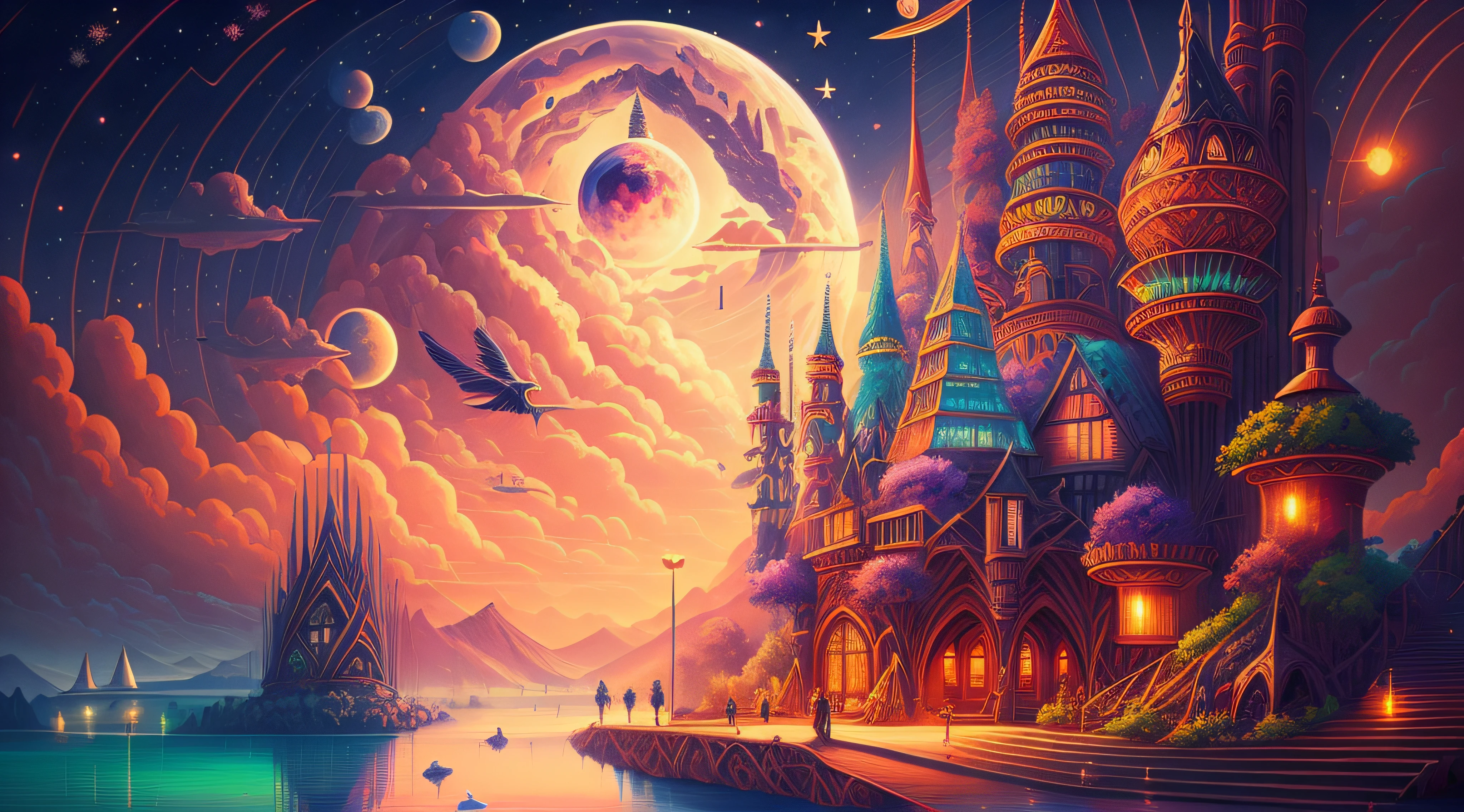 painting of a fantasy castle with a full moon in the sky, 4k highly detailed digital art, epic fantasy sci fi illustration, detailed dreamscape, 4k detailed digital art, detailed fantasy digital art, beautiful art uhd 4 k, dan mumford and alex grey style, sci-fi fantasy wallpaper, detailed digital 2d fantasy art, fantasy space, detailed painting 4 k