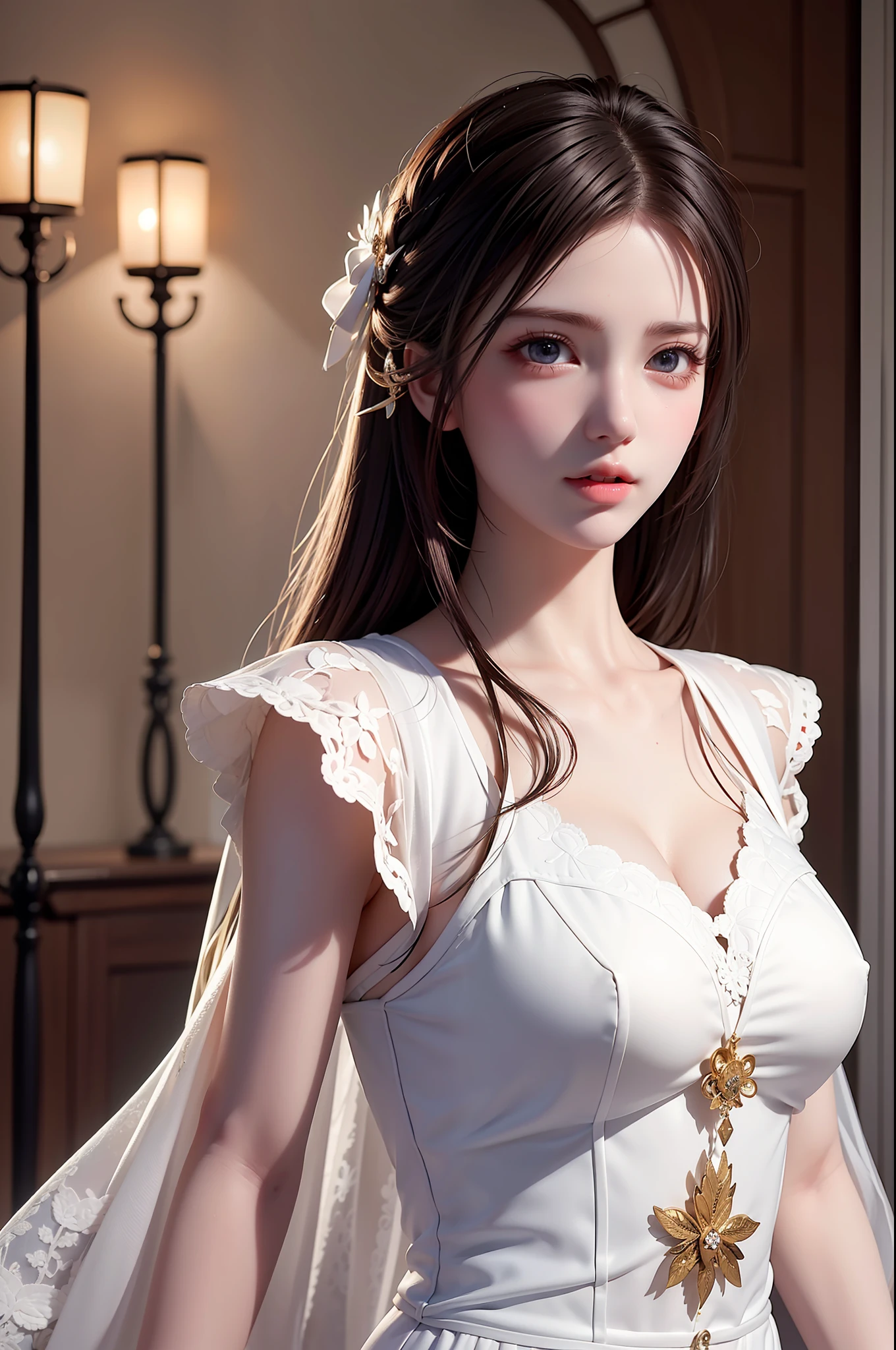 ((Masterpiece))), ((Best quality))), ((Ultra detail)), (an ultra realistic), (High Definition CG Illustration), cinematic light, Photorealistic,Very Beautiful 12 Year Old Lady,12 Year Old Daughter, Light makeup, Intricate Details EABA, White Intricate Lace Cloak, Dynamic pose, Spear