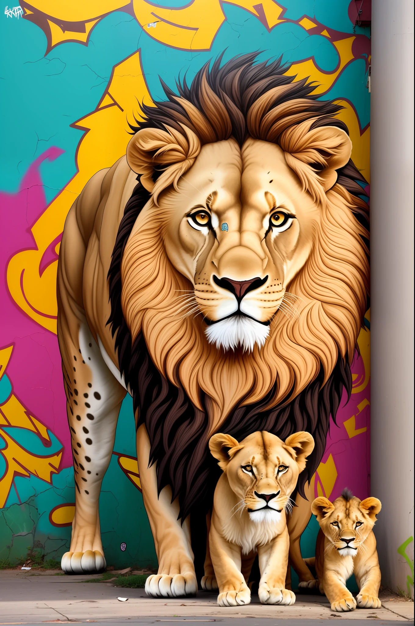 a lion, a lioness and a lion cub, graffiti, urban art --auto --s2