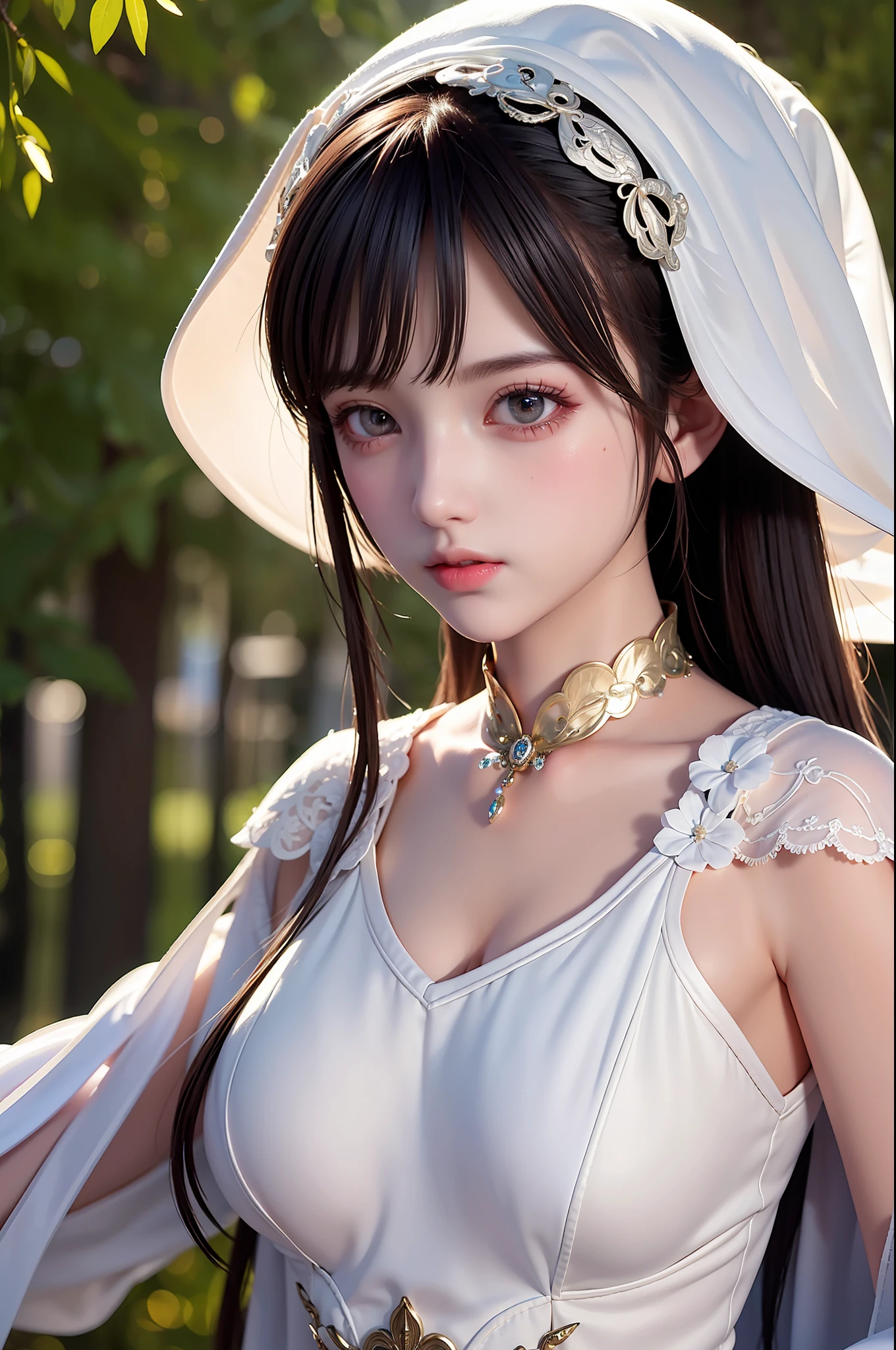 ((Masterpiece))), ((Best quality))), ((Ultra detail)), (an ultra realistic), (High Definition CG Illustration), cinematic light, Photorealistic,Very Beautiful  Lady,12 Year OldLight makeup, Intricate Details EABA, White Intricate Lace Cloak, Dynamic pose, Spear