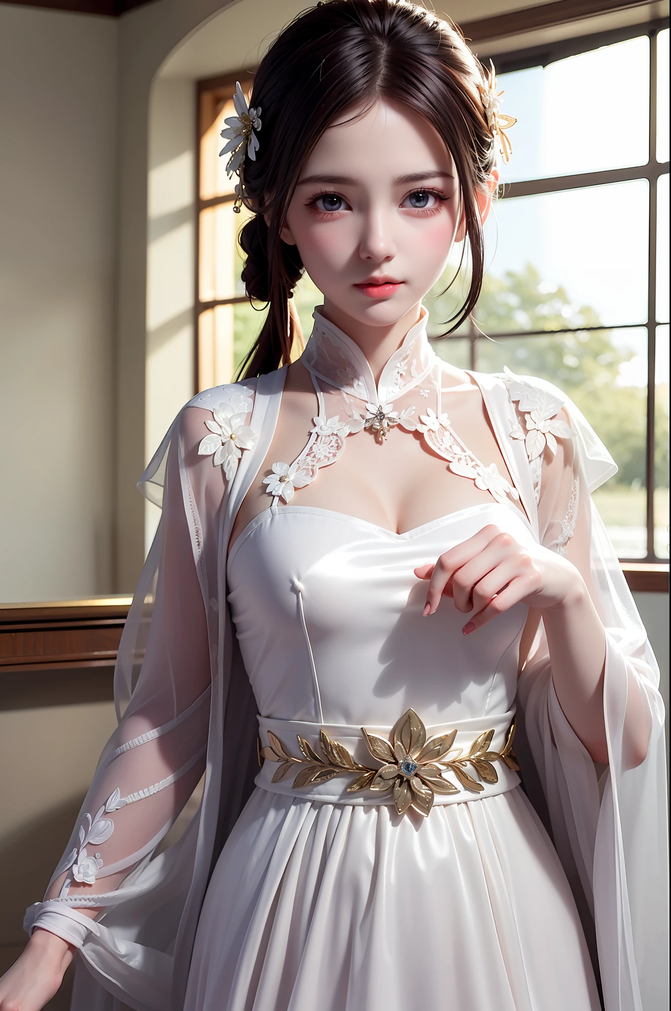 ((Masterpiece))), ((Best quality))), ((Ultra detail)), (an ultra realistic), (High Definition CG Illustration), cinematic light, Photorealistic,Very Beautiful 12 Year Old Lady,12 Year Old Daughter, Light makeup, Intricate Details EABA, White Intricate Lace Cloak, Dynamic pose, Spear