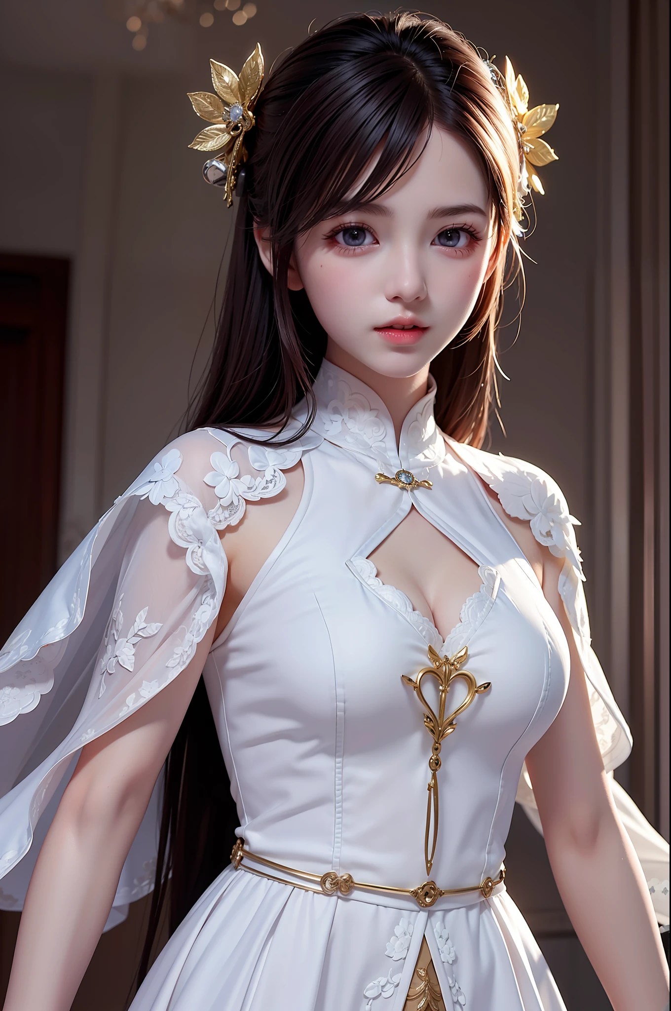((Masterpiece))), ((Best quality))), ((Ultra detail)), (an ultra realistic), (High Definition CG Illustration), cinematic light, Photorealistic,Very Beautiful 12 Year Old Lady,12 Year Old Daughter, Light makeup, Intricate Details EABA, White Intricate Lace Cloak, Dynamic pose, Spear