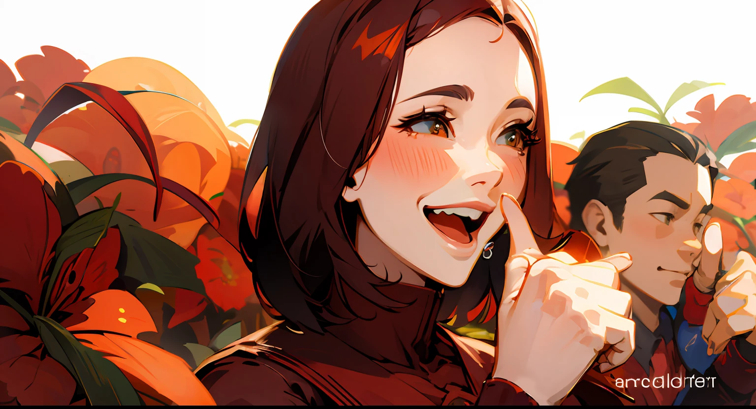 Smileing,Thumbs up,Red flowers