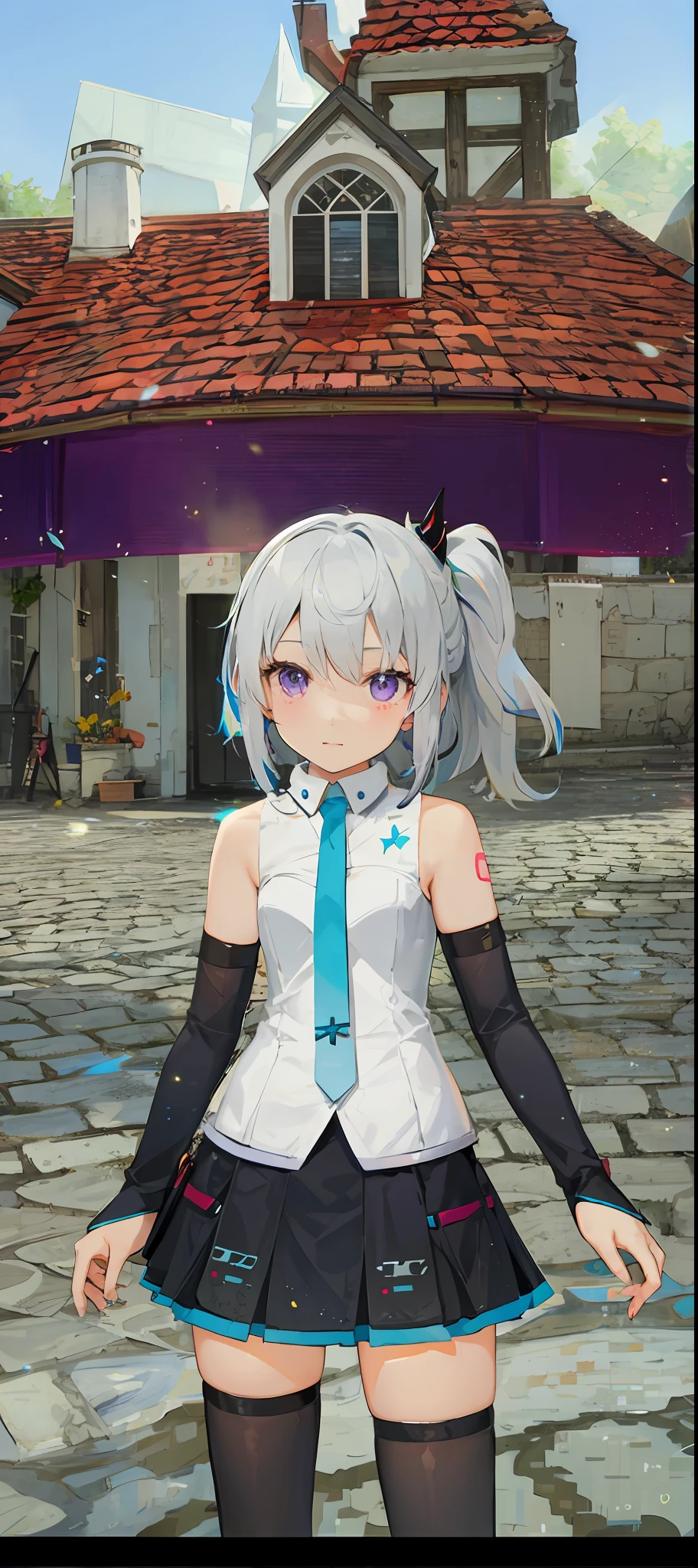 1girl, white hair, multicolored hair, purple eyes, mask on head, sidelighting, light particles, wallpaper,