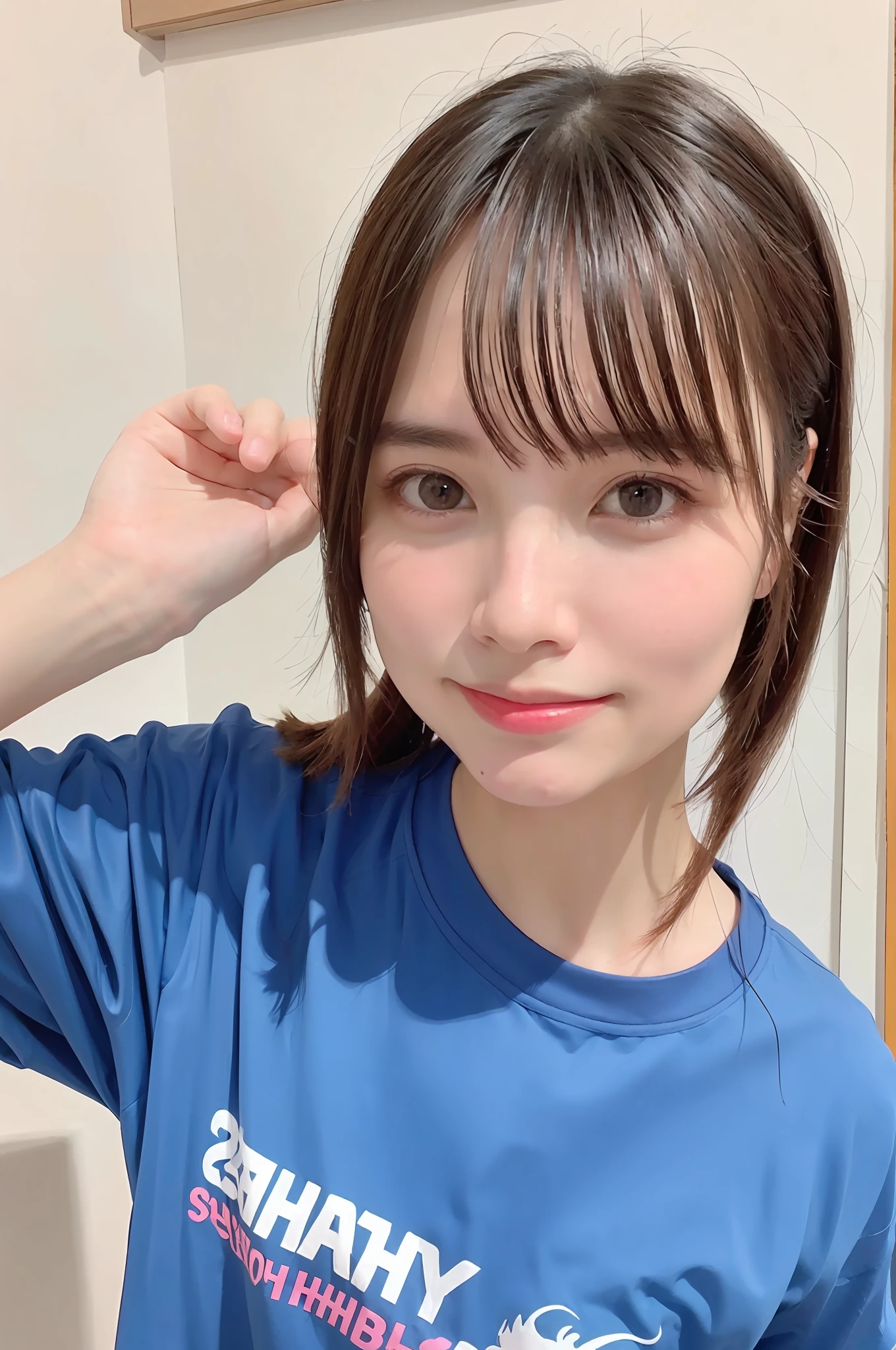 maximum quality、hyper high resolution、(Photoreal:1.4)、blushed、cuddly、(detailed face)、Light Smile、Looking at the camera、upper half body、Tshirt、Selfie、Disney、sweets、raise their hands up