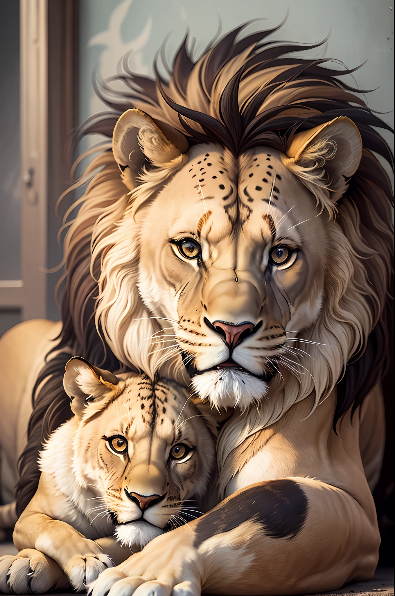 a lion, a lioness and a lion cub, tribal tattoo --auto --s2