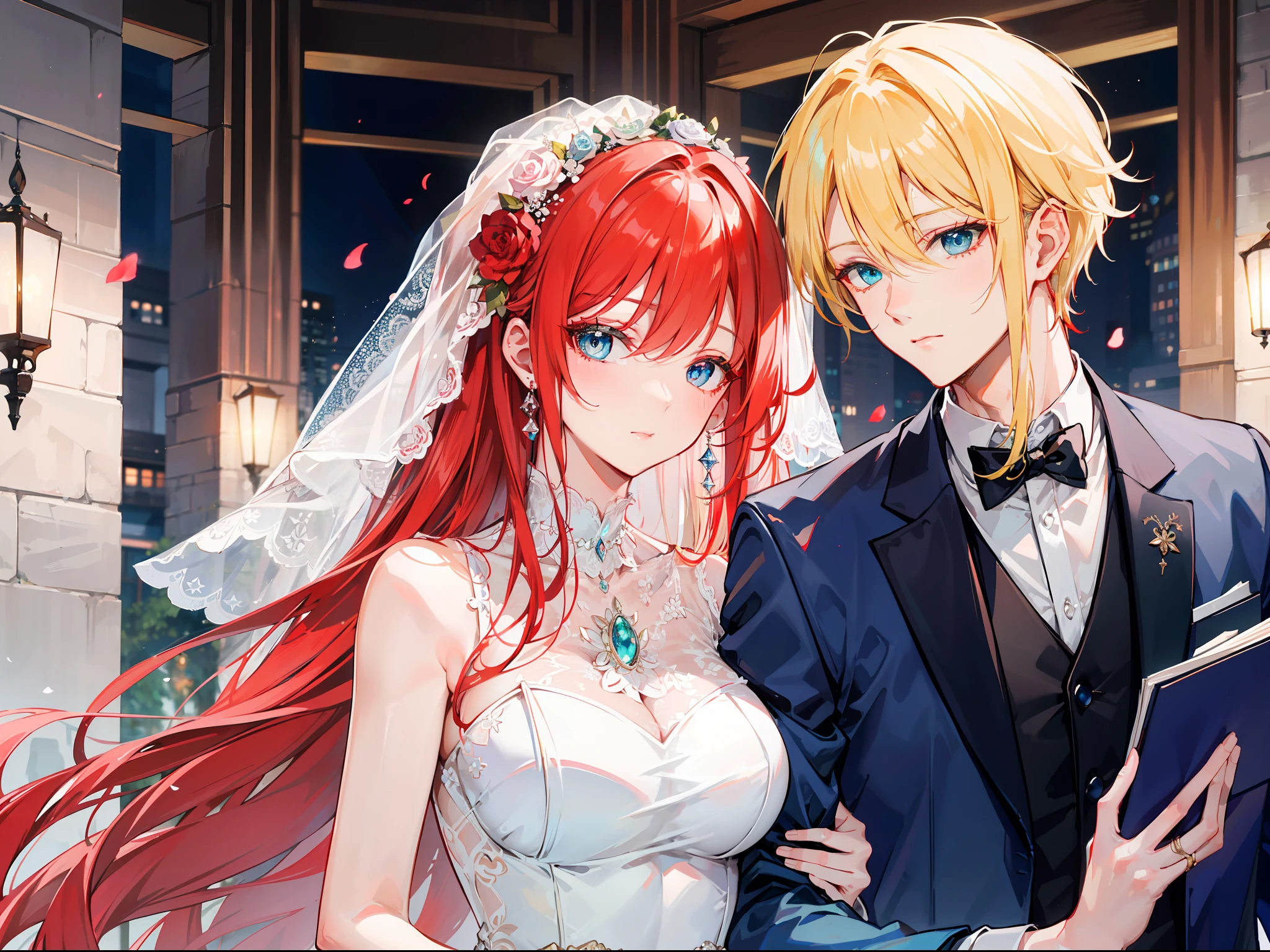 "Generate a mature couple, they're wear wedding clothes showcasing romance with gorgeous lighting. The woman has flowing red hair and captivating blue eyes, while the man has charming blonde hair and enchanting green eyes."