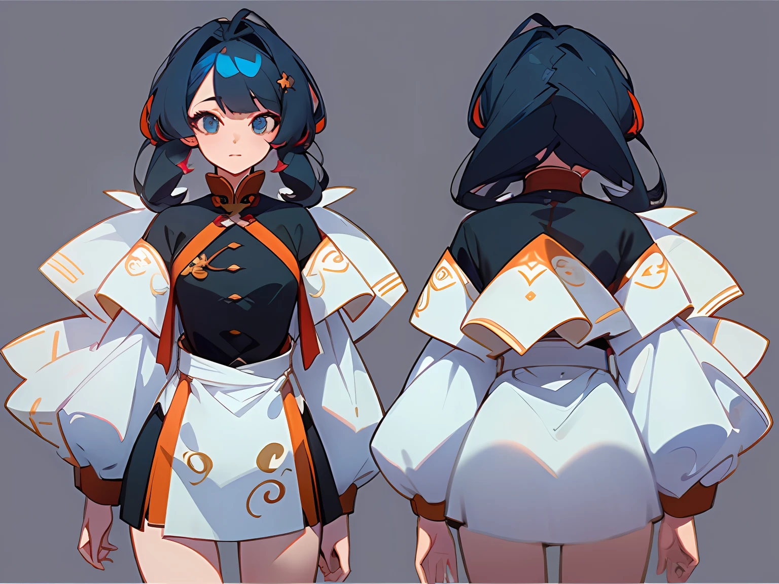 ((masterpiece)),(((best quality))),(character design sheet, same character, front, side, back), illustration, 1 girl, hair color, bangs, hairstyle fax, eyes, environment change scene, Hairstyle Fax, Pose Zitai, Female, Shirt Shangyi, Star, Charturnbetalora, (simple background, white background: 1.3), --6