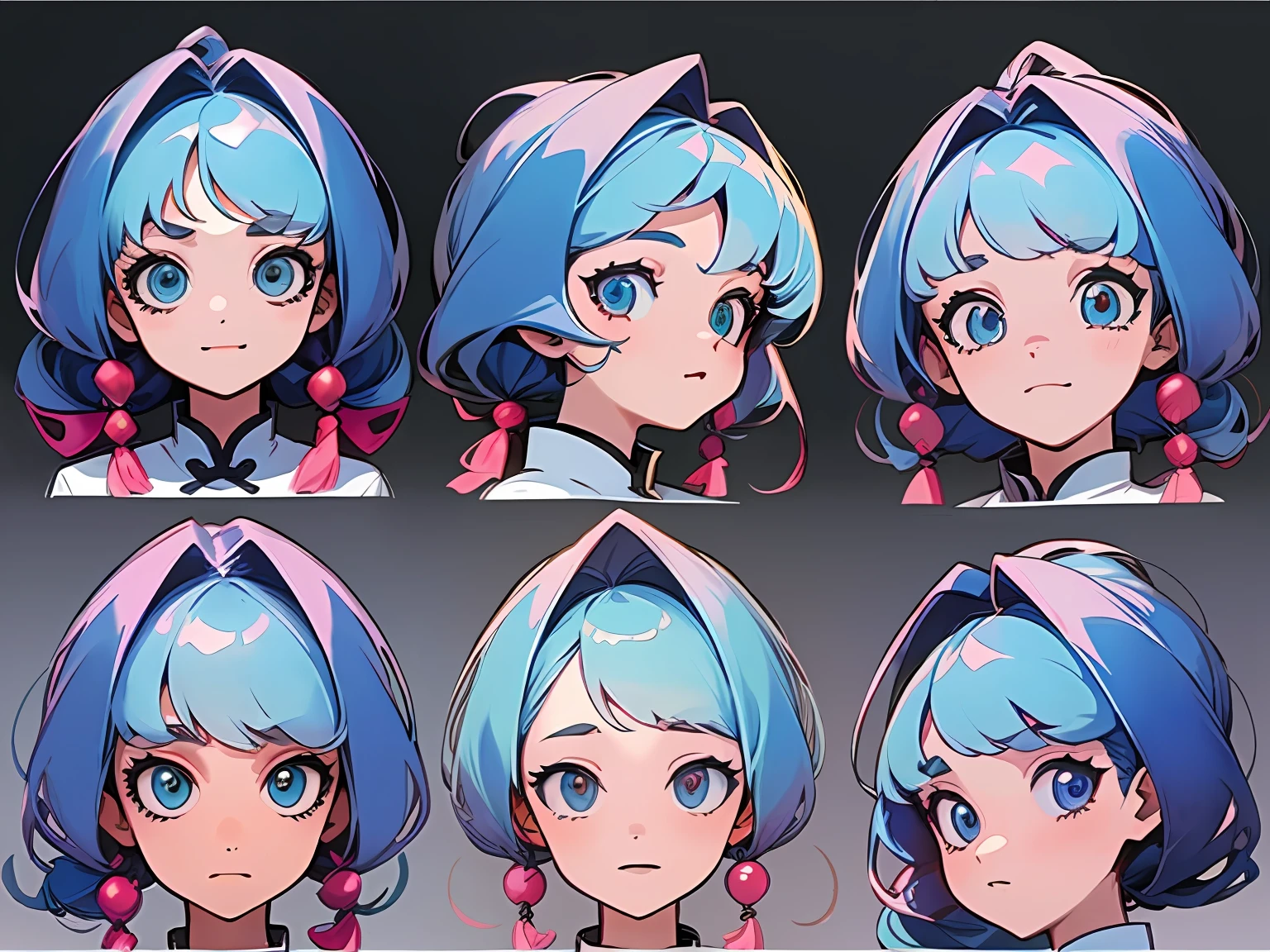 ((masterpiece)),(((best quality))),(character design sheet, same character, front, side, back), illustration, 1 girl, hair color, bangs, hairstyle fax, eyes, environment change scene, Hairstyle Fax, Pose Zitai, Female, Shirt Shangyi, Star, Charturnbetalora, (simple background, white background: 1.3), --6