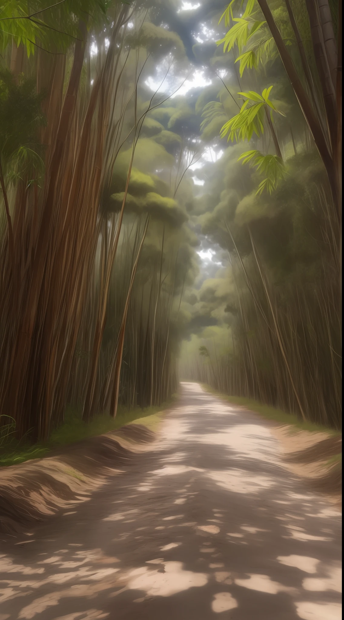 there is a dirt road that has many trees on both sides, Eucaliptos, road between tall trees, Fundo da floresta de eucalipto, selva estranha, estrada rural, dossel surreal, eucalipto, Longo Caminho, estrada em uma estrada florestal, no caminho da floresta, em uma floresta de bambu, no caminho da selva da floresta, estrada de terra, Selva nebulosa, Floresta de Bambu, de bambu, caminho da floresta