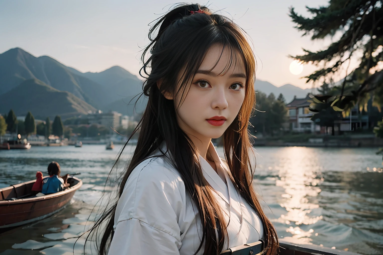 Chinese Tang Dynasty,There is a woman in Hanfu on a boat in the water,Ultra-detailed face and eyes,The background is mountains,The fantastic ancient city of Chang'an during the Tang Dynasty of China,Chinese landscape,Filmic,night,White fog,Realistic bright moon,16k,best qality,bokeh,softlight,space,Natural lighting,