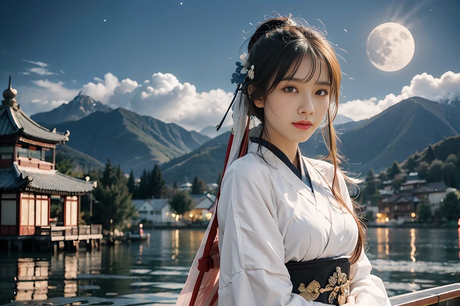 Chinese Tang Dynasty,There is a woman in Hanfu on a boat in the water,Ultra-detailed face and eyes,The background is mountains,The fantastic ancient city of Chang'an during the Tang Dynasty of China,Chinese landscape,Filmic,night,White fog,Realistic bright moon,16k,best qality,bokeh,softlight,space,Natural lighting,