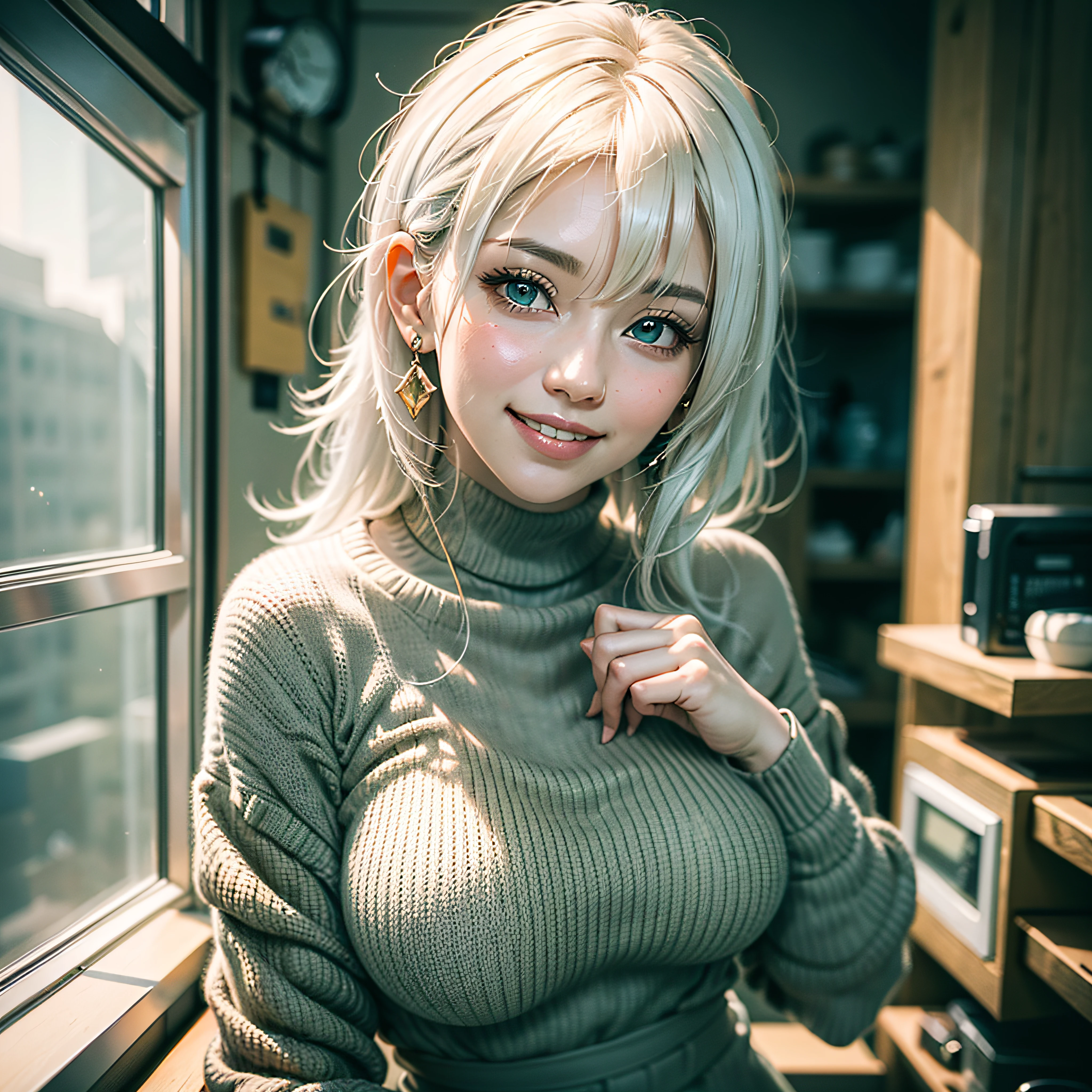 all body、white-haired、(Dragoon: 1.2)、Brantovan、A Masterpiece、maximum quality、Official Art、Highly elaborate CG Unity 8K wallpapers、For girls、hyper high resolution、(photo-realistic:1.4)、Golden Hour Lighting、Sweater Dresses、(upper half body)、(Platinum Shorthair:0.8)、(Puffy eyes)、looking a viewer、Front-facing、a smiling look、medium tits、Gentle smile、shirt lift、Luxurious interior