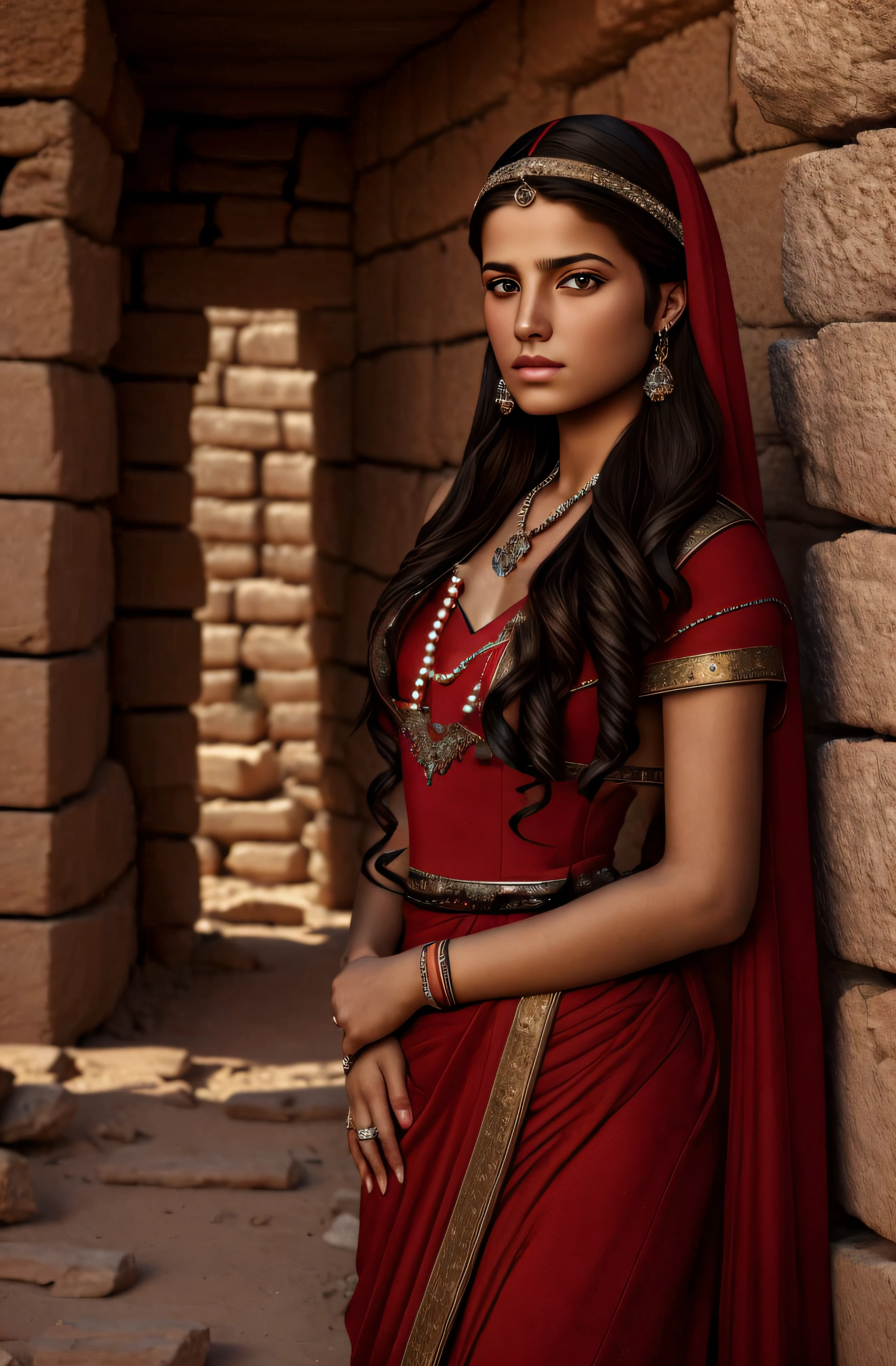 closed neckline, gold bracelets and pearls, necklaces, diadem.